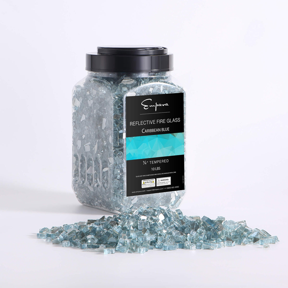 Tempered fire glass in Caribbean blue, clear jar with black lid and scattered glass pieces