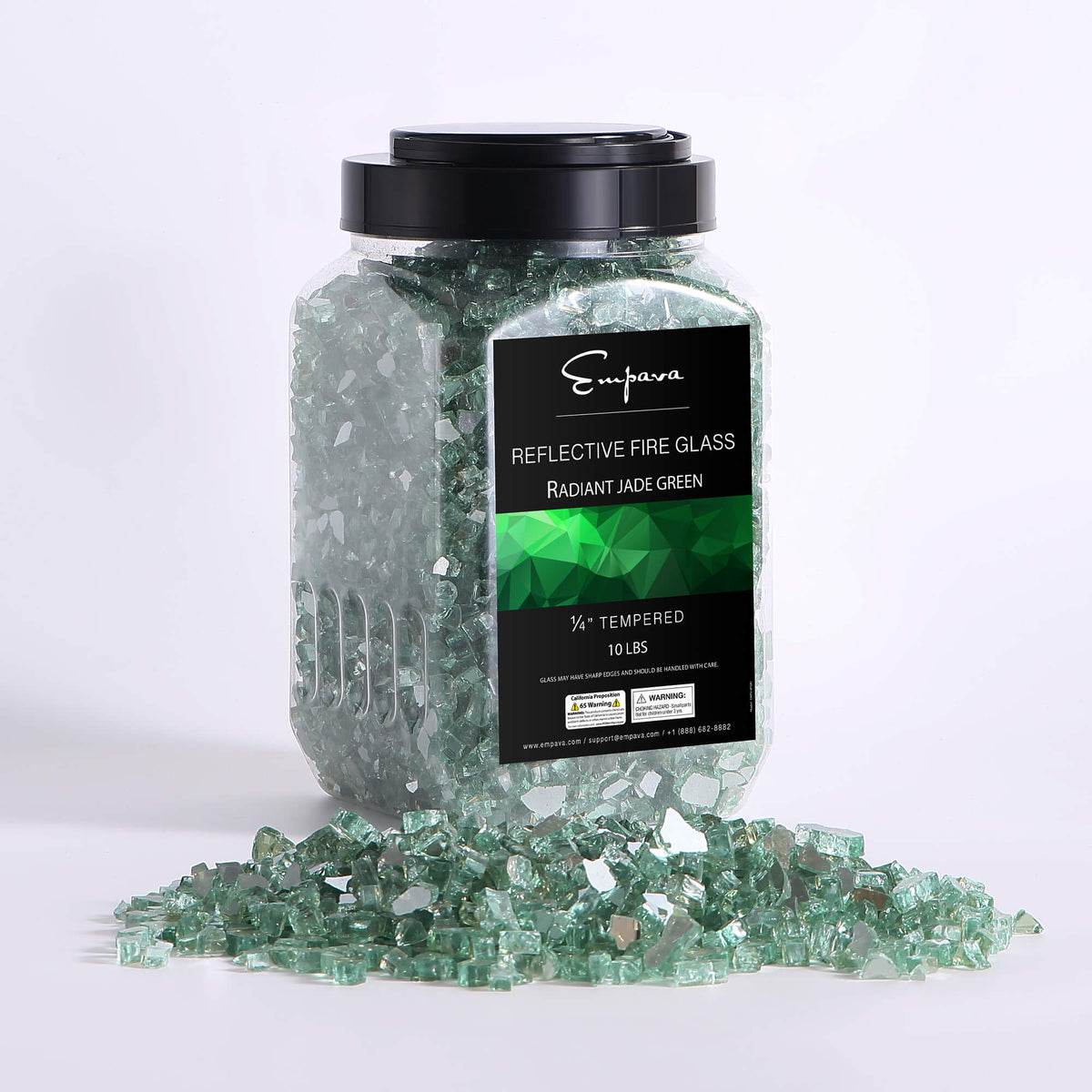 Reflective tempered fire glass in radiant jade green, in clear jar with black lid.