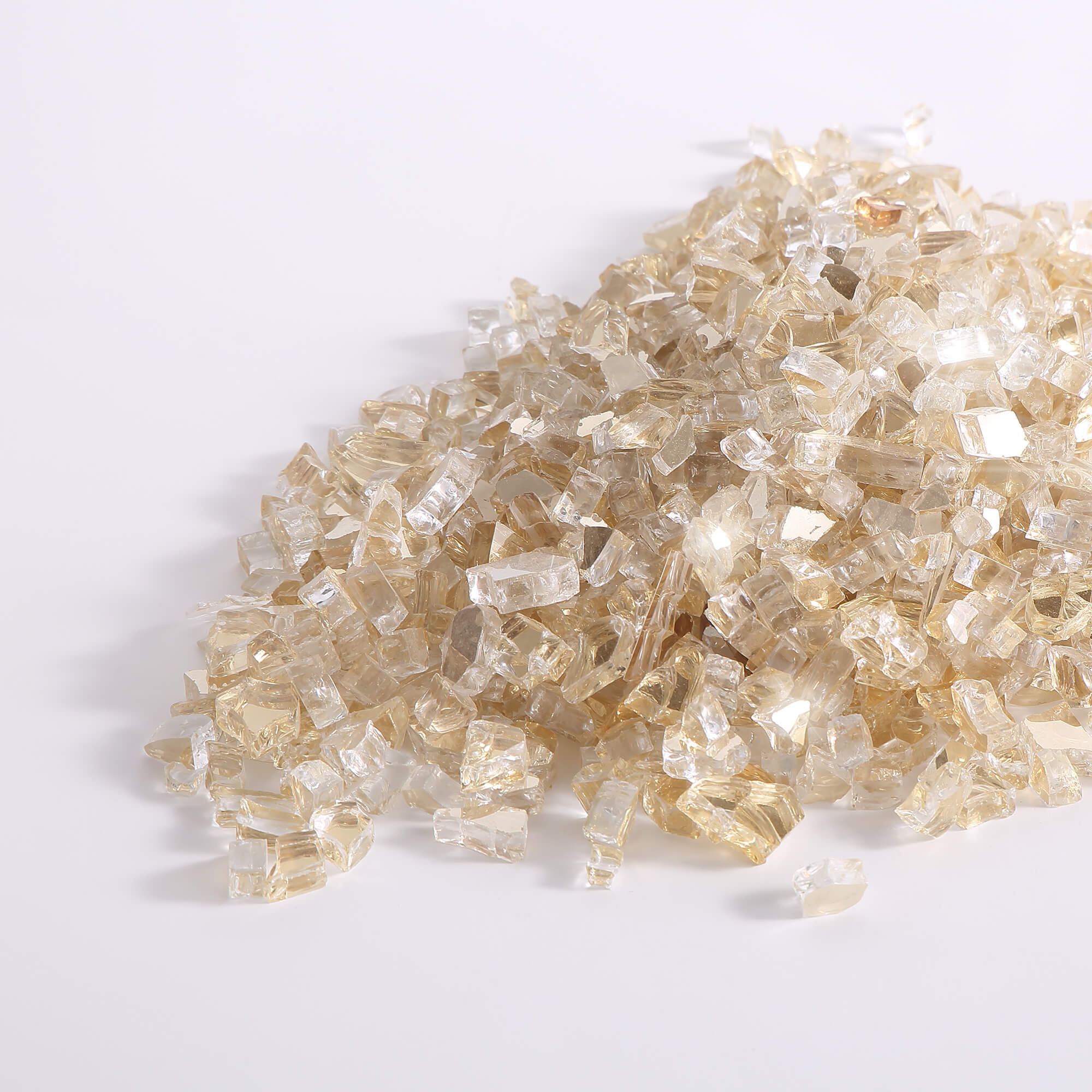Champagne-gold tempered reflective fire glass shards pile