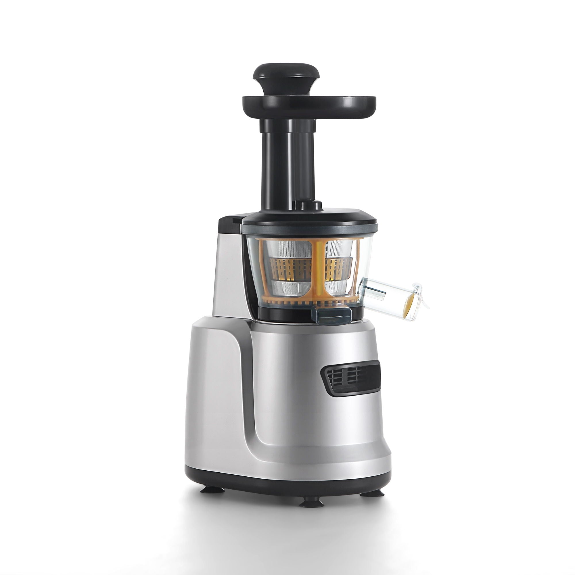 Silver cold press electric slow juicer with black top and clear pulp chamber