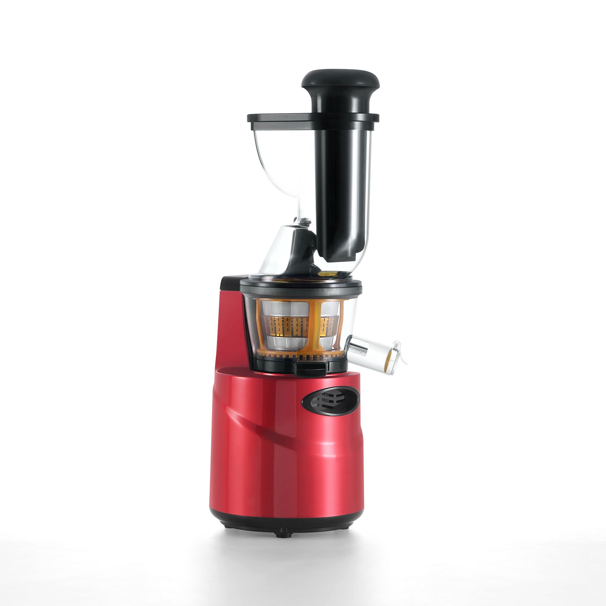 Red cold press electric slow juicer, black auger and pulp strainer housing