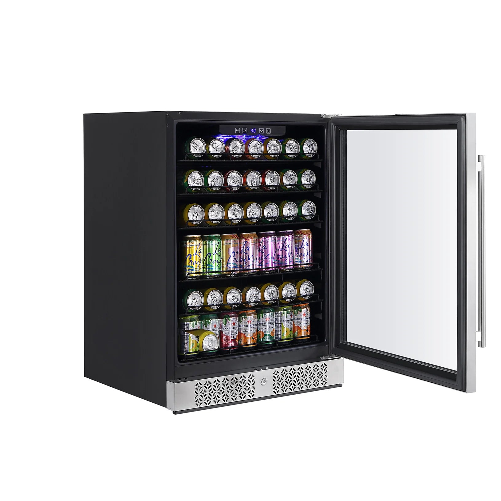 24-inch beverage fridge with open door, racks and ventilation at bottom