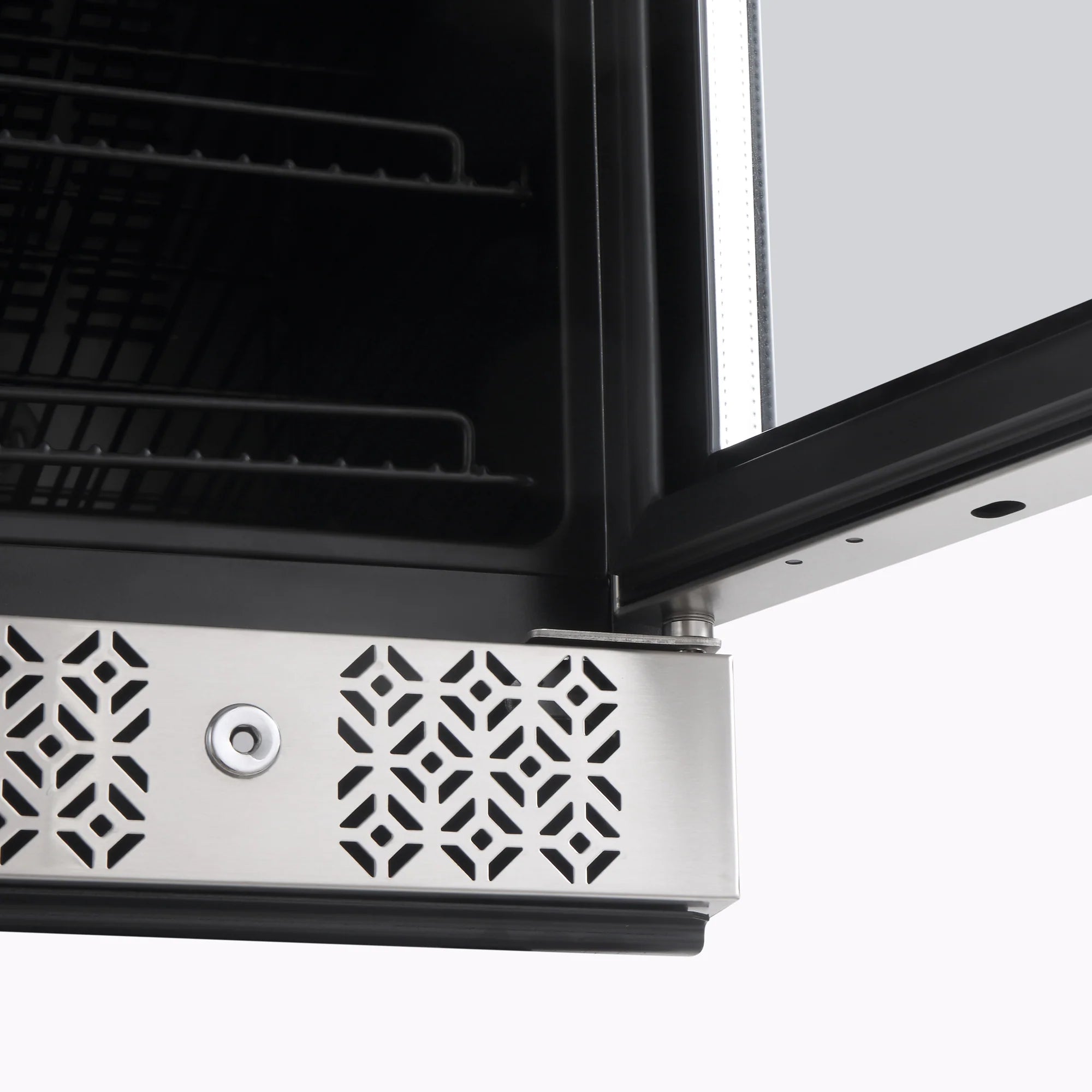 Stainless steel cooler base with decorative vent pattern and control panel area