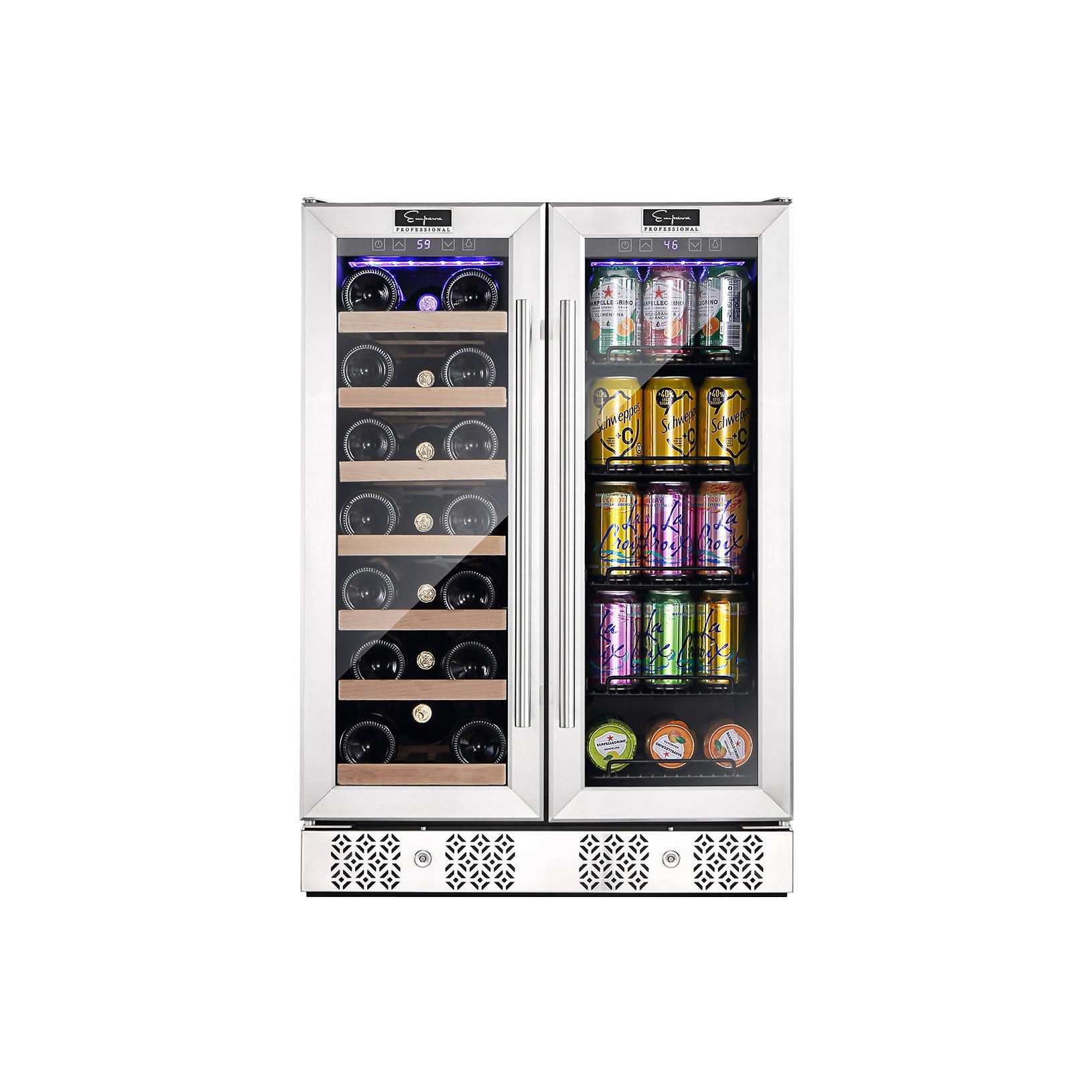 Stainless steel dual-zone wine and beverage cooler with glass door, interior bottles