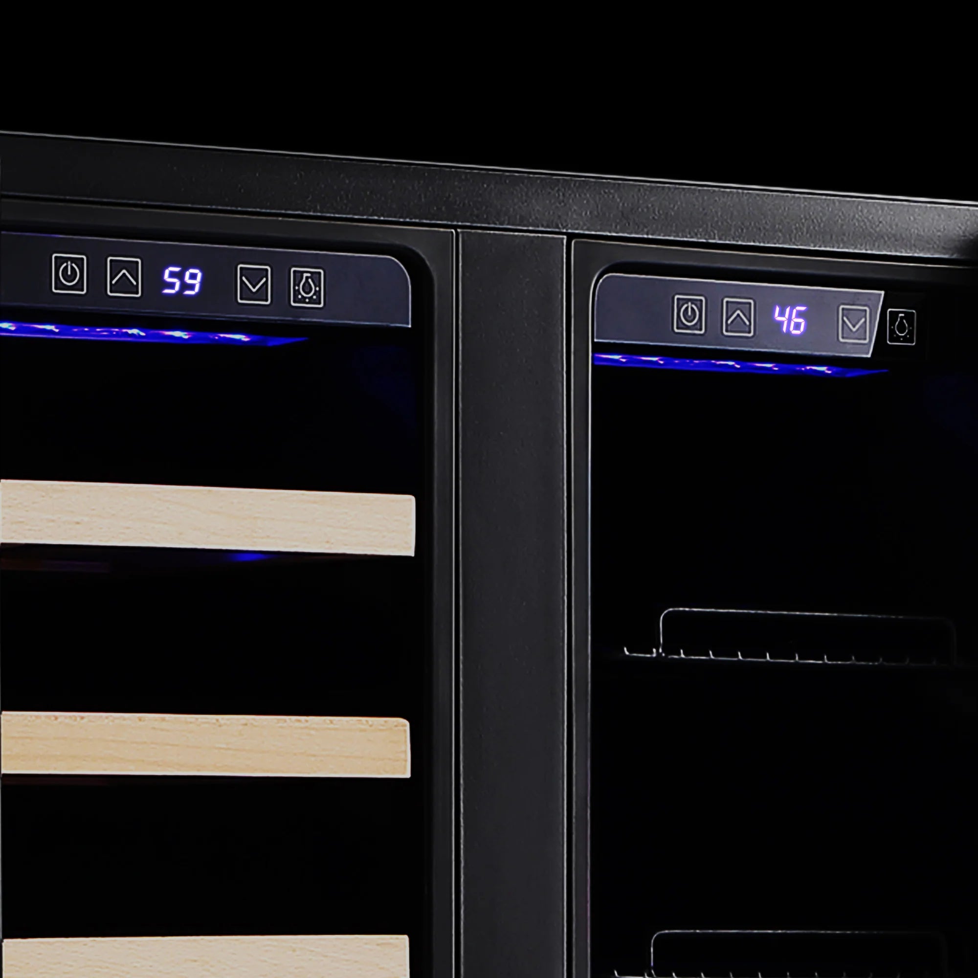 Wine cooler control panel with blue temperature displays on dark front panel
