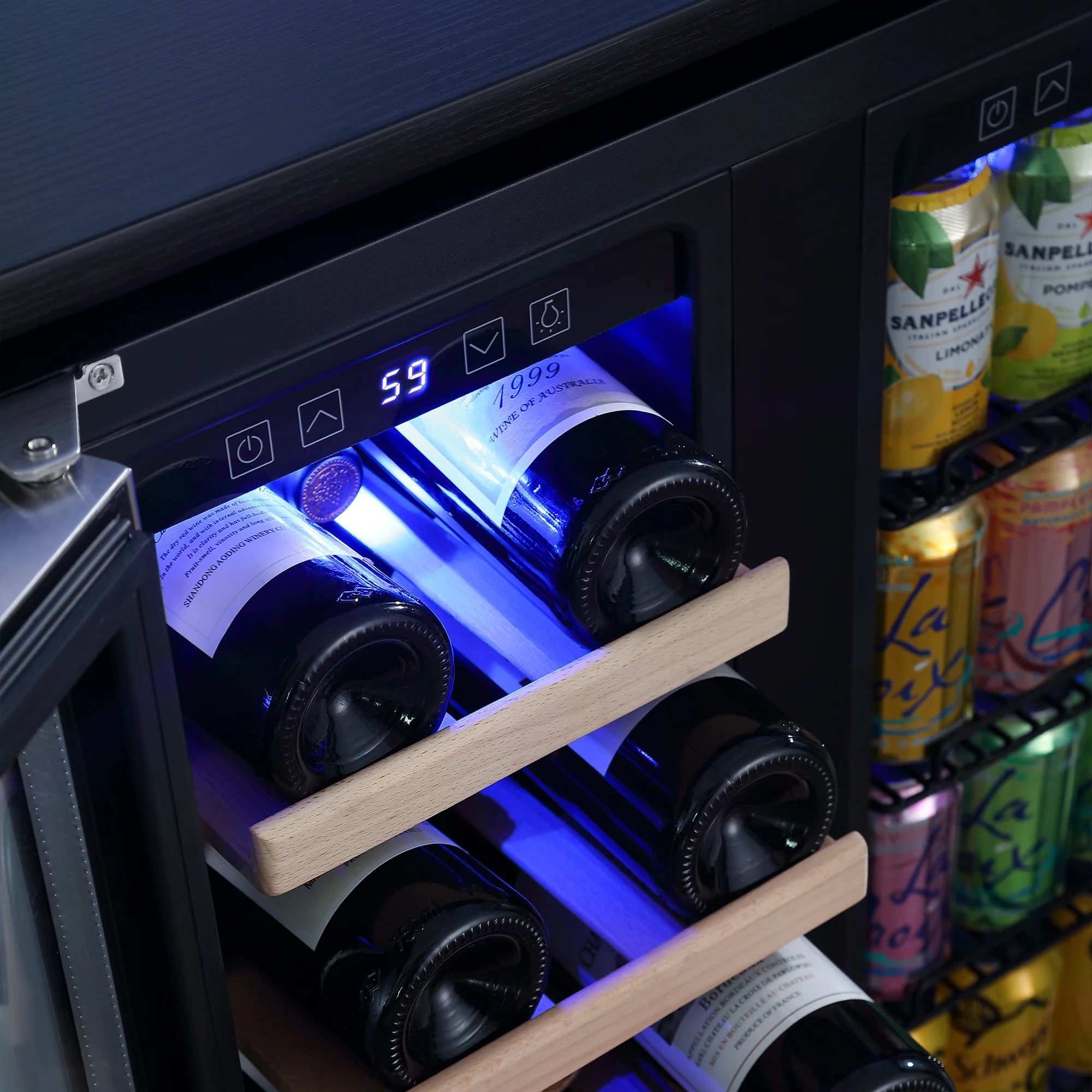 Wine cooler control panel with blue temperature display and wooden racks inside door