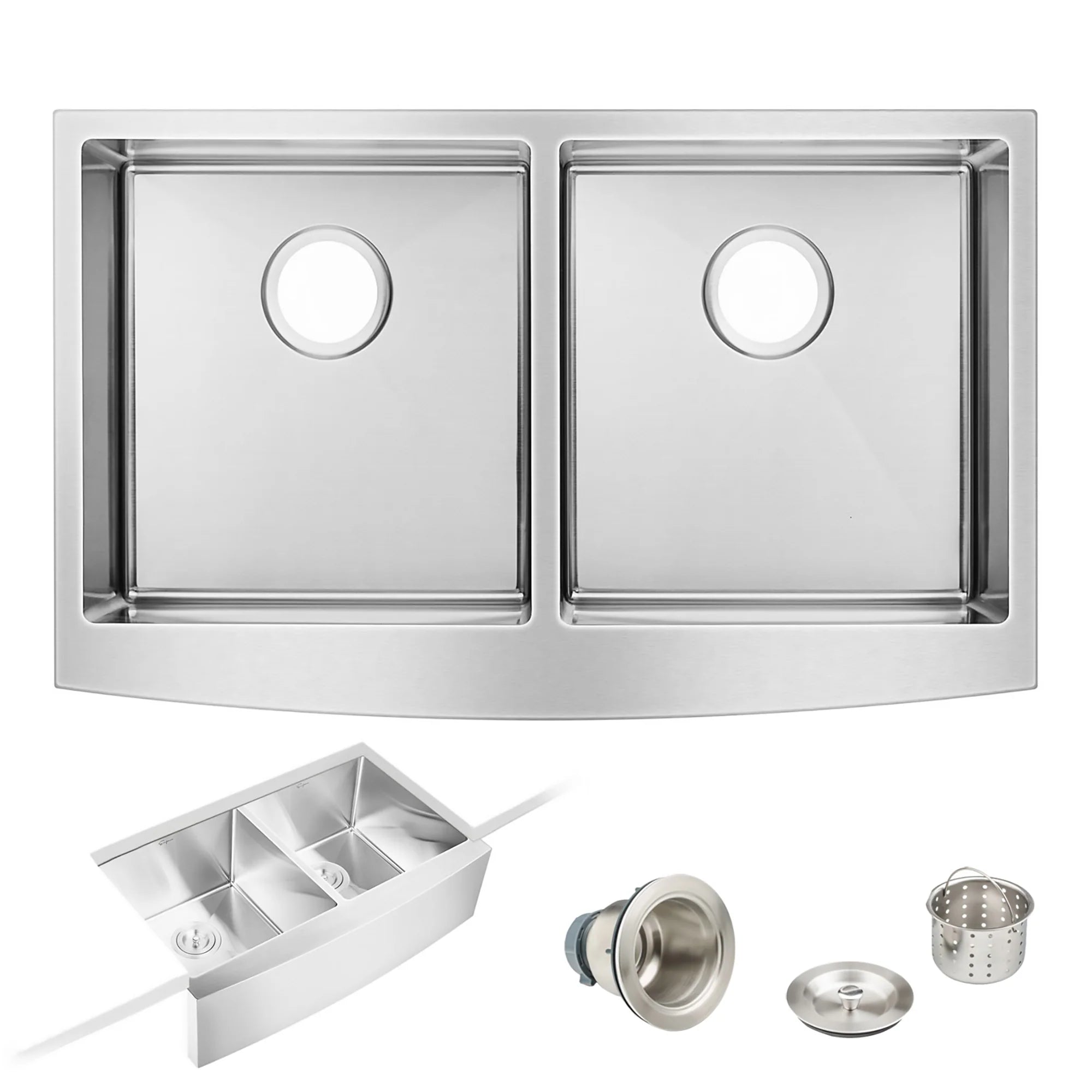 Stainless steel double-bowl sink with two square basins and included drain accessories
