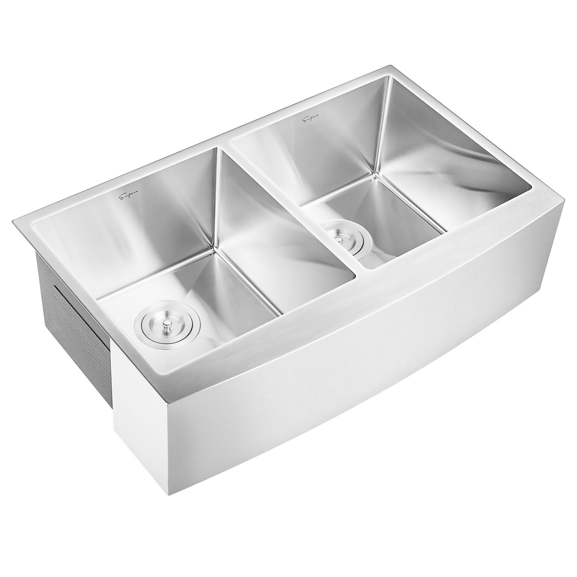 Stainless steel double-bowl kitchen sink with two round drain strainers and center divider