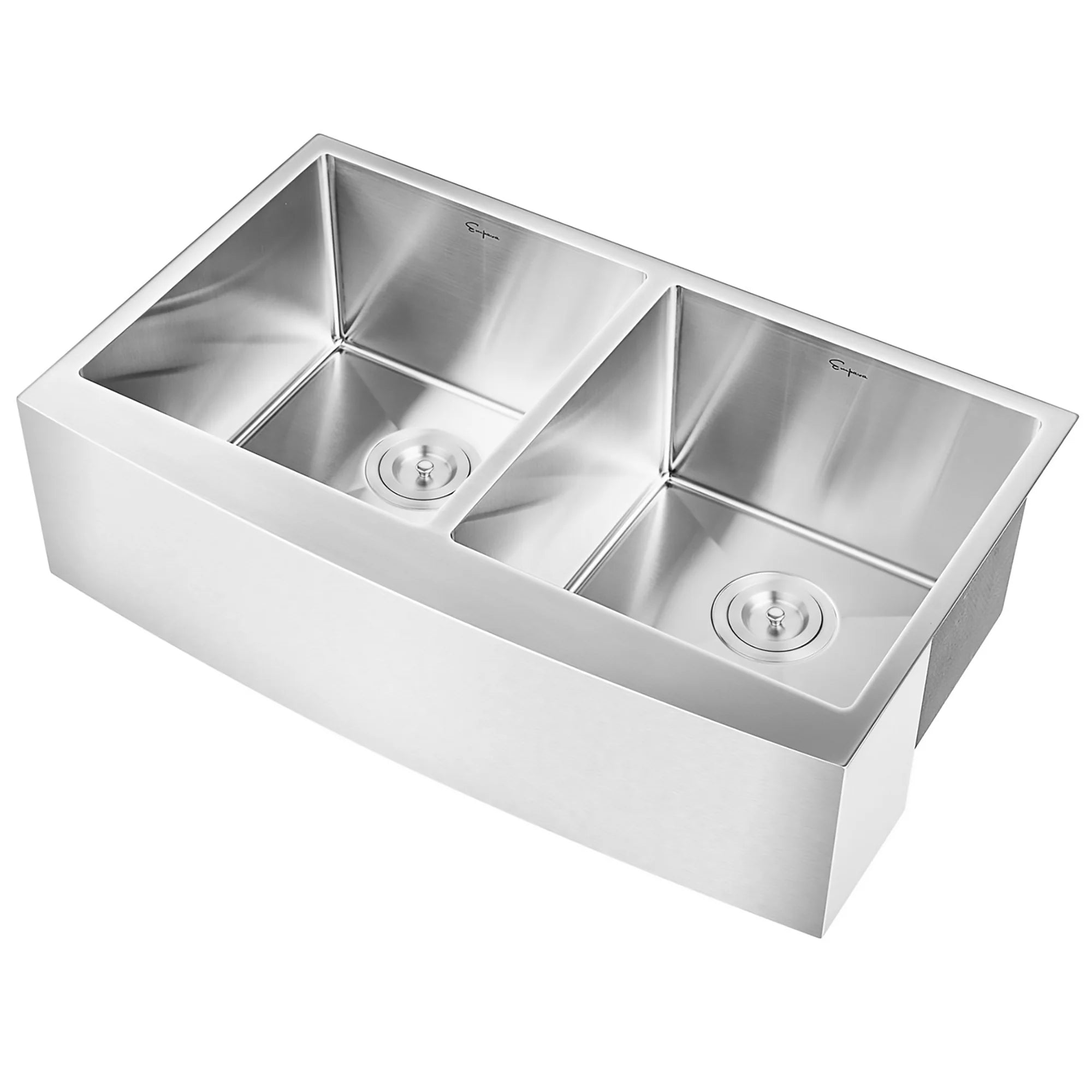 Stainless steel double-bowl kitchen sink with two compartments and centered faucet platform