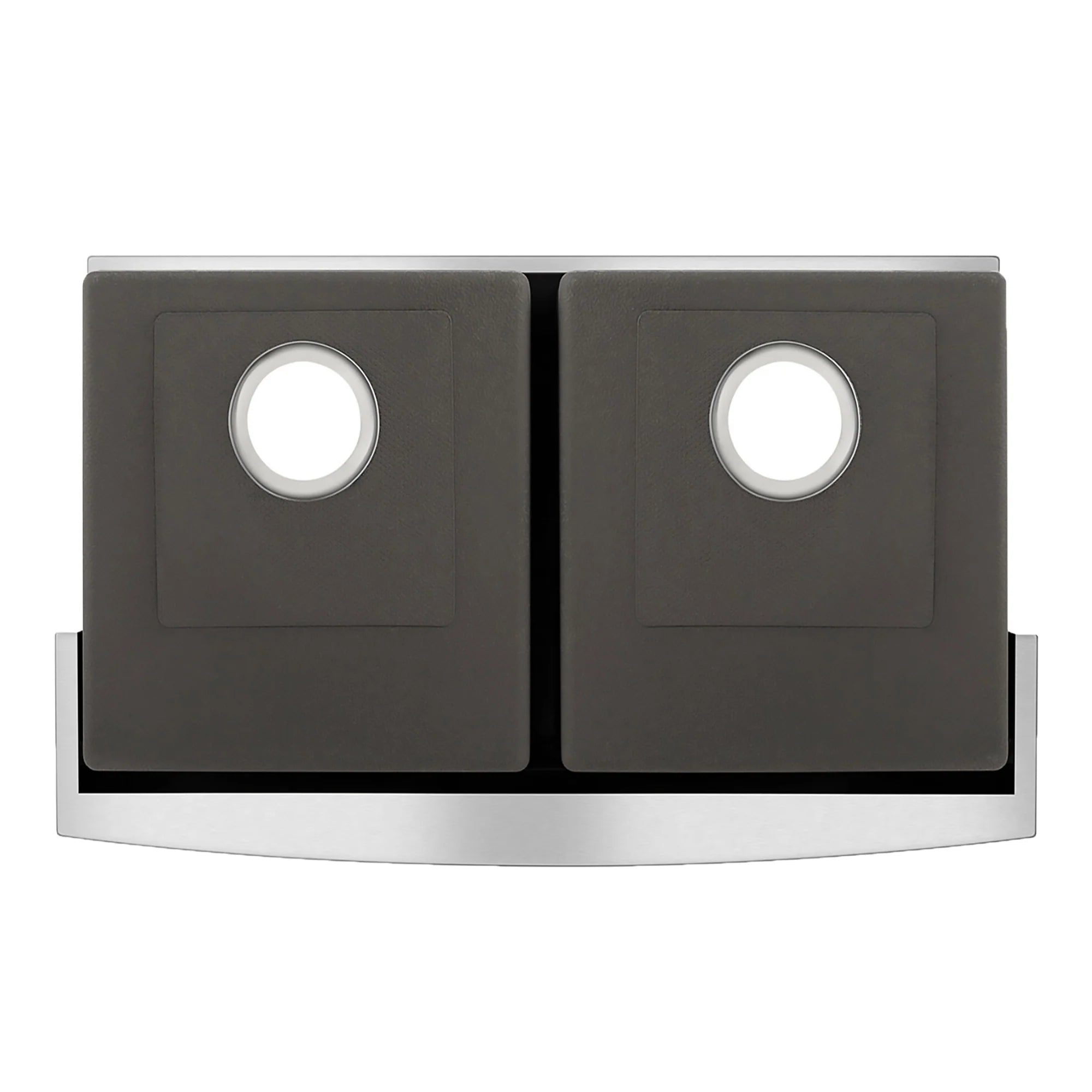 Black double-bowl kitchen sink with two round drain openings and stainless frame