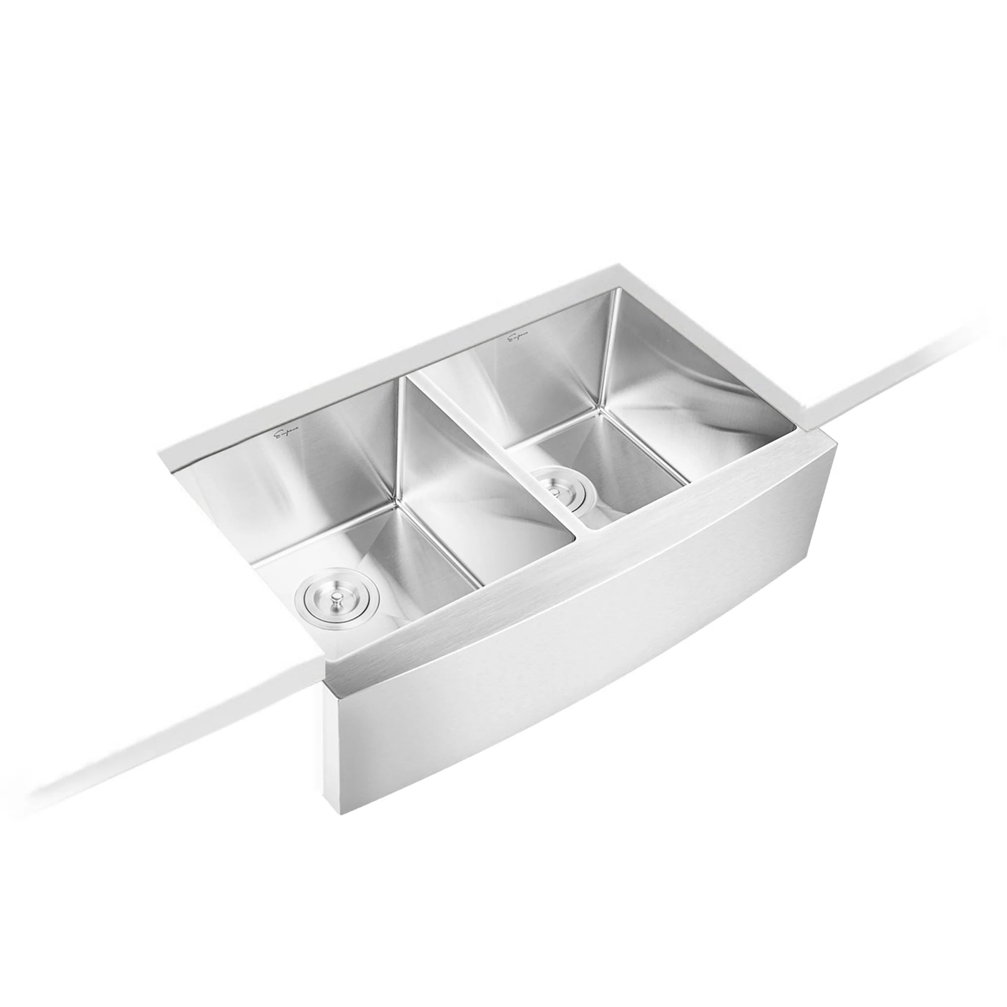 Stainless steel double-bowl kitchen sink with two compartments and ledge front