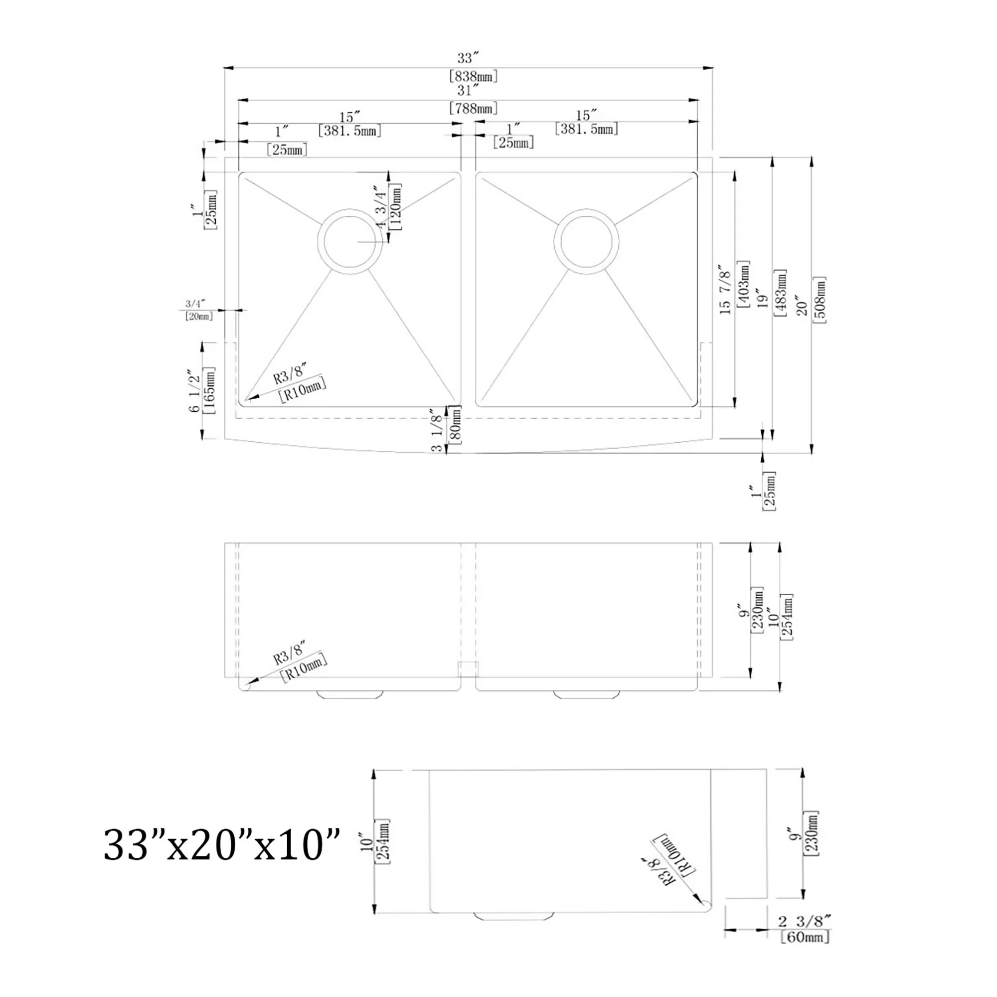 Double-bowl sink size diagram: 33 x 20 x 10 in with drain cutout details
