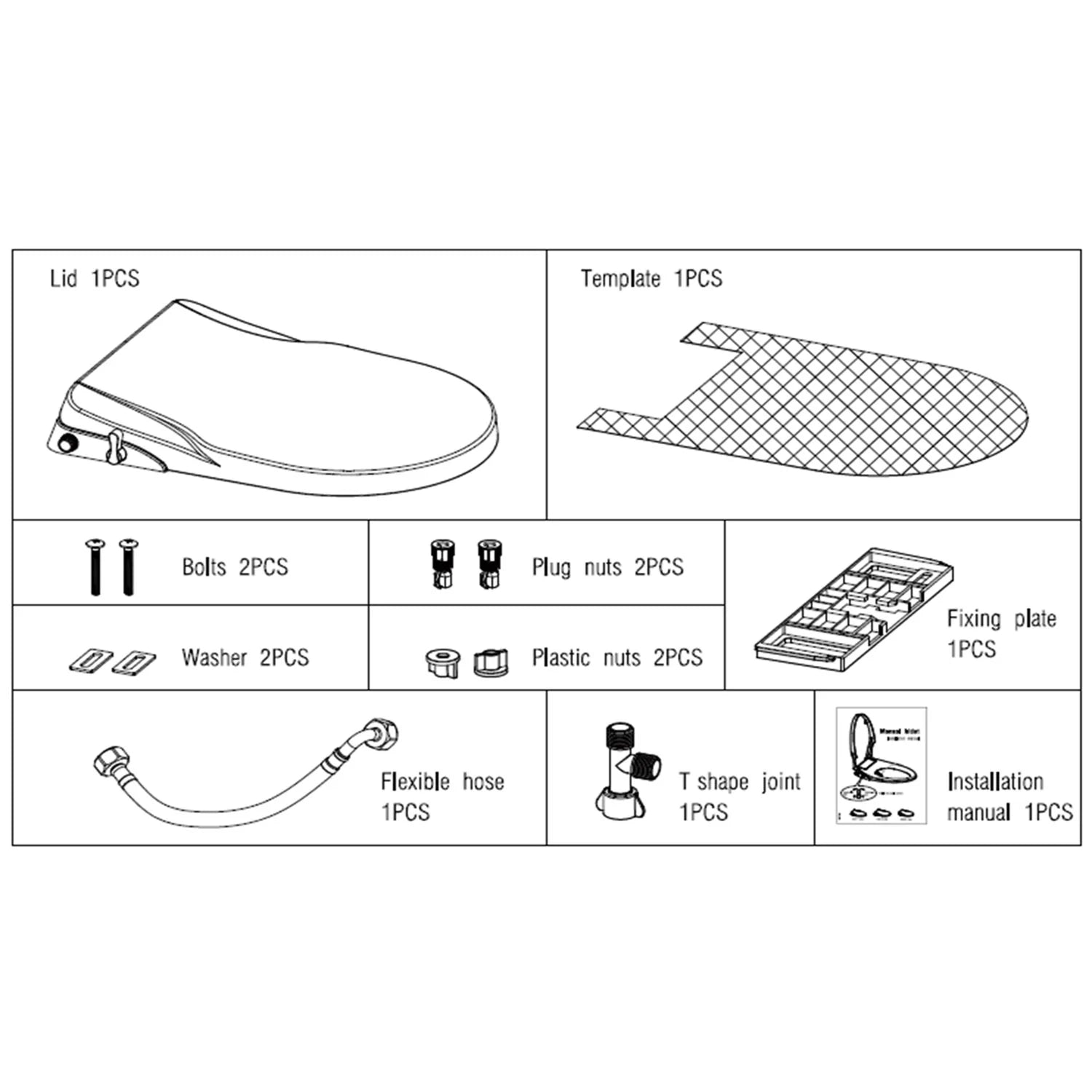 Non-electric bidet seat mounting kit with bolts, washers, plug nuts, template, flexible hose