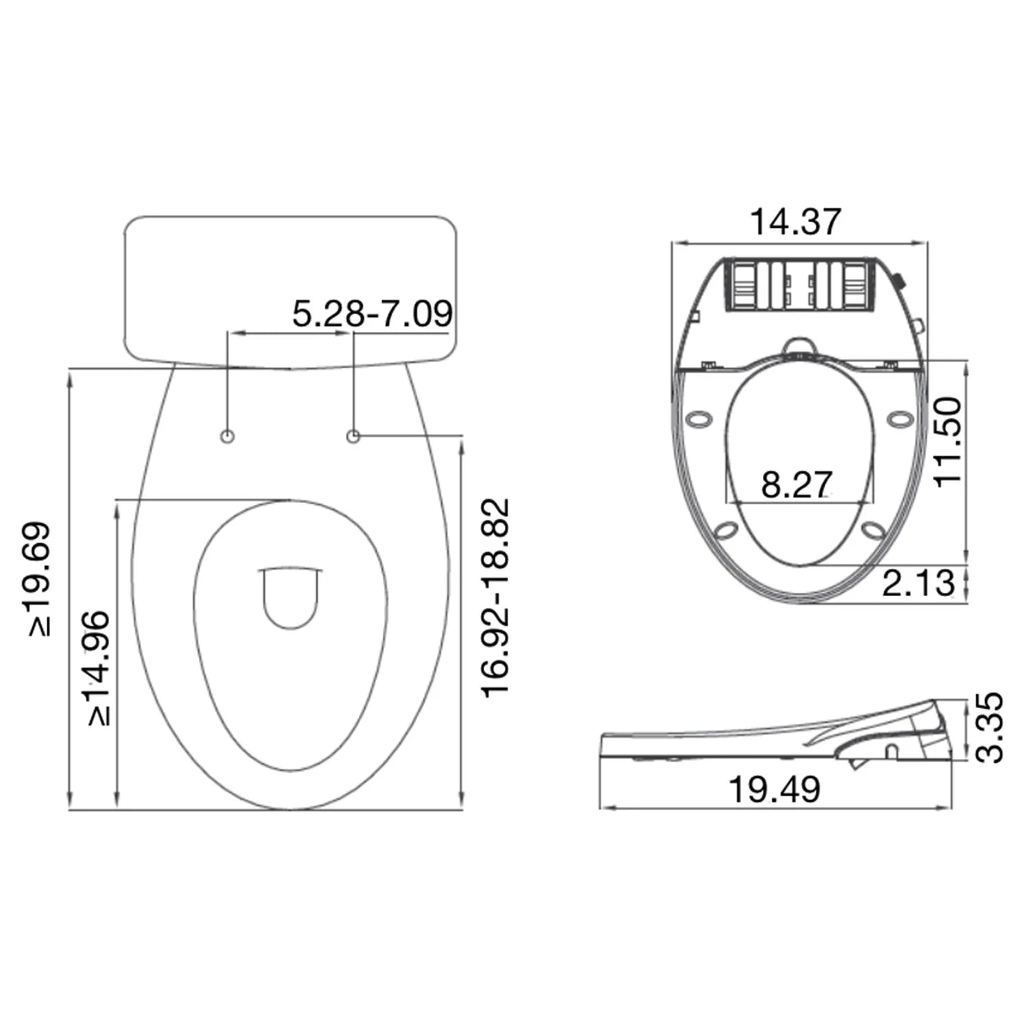 Non-electric bidet seat for V-shaped elongated toilets, size diagram views with measurements
