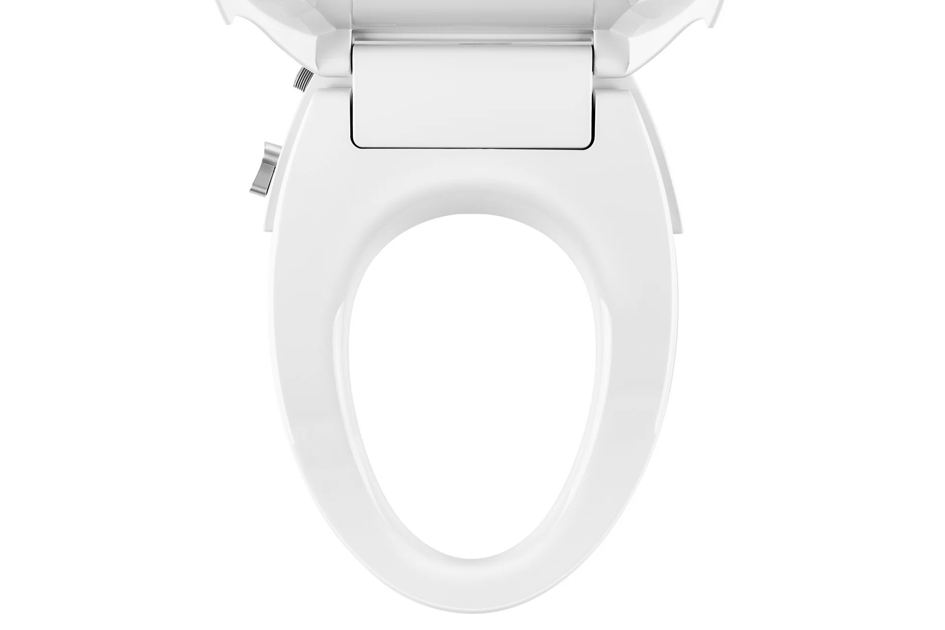 White non-electric bidet seat with open front cover and exposed toilet opening