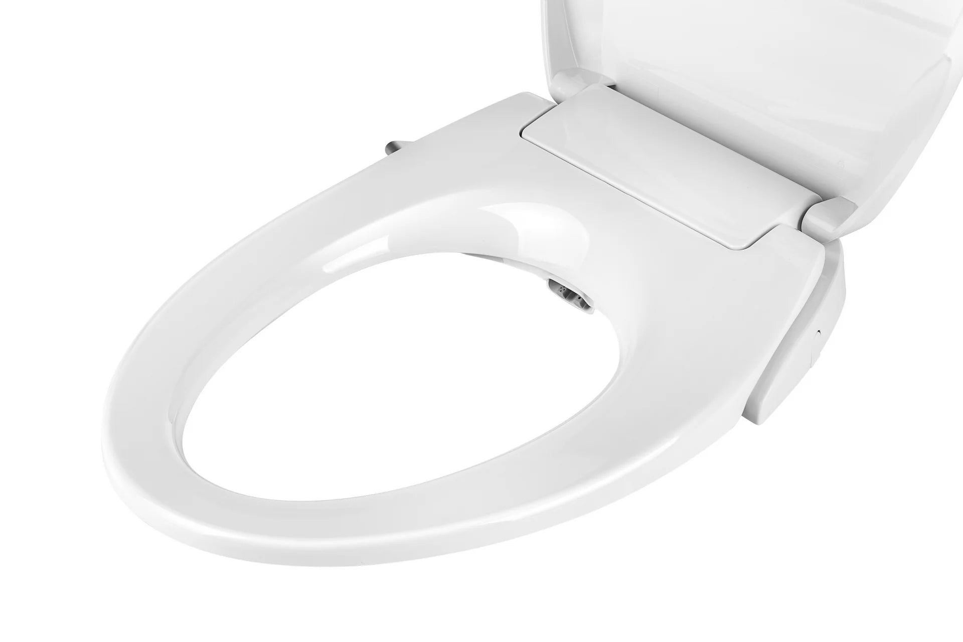 White non-electric bidet seat with open cover showing smooth seat surface
