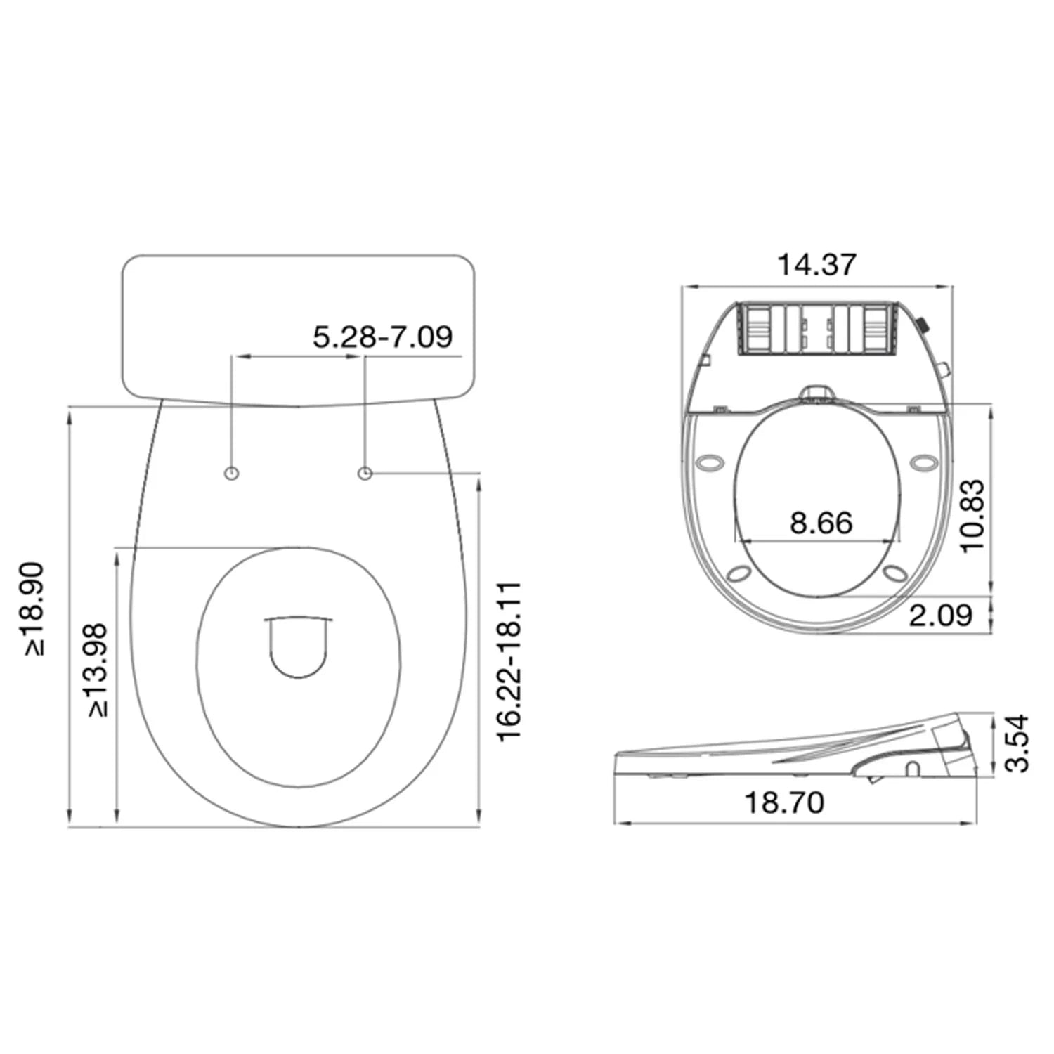 Bidet seat size diagram with overall dimensions and round opening measurements.
