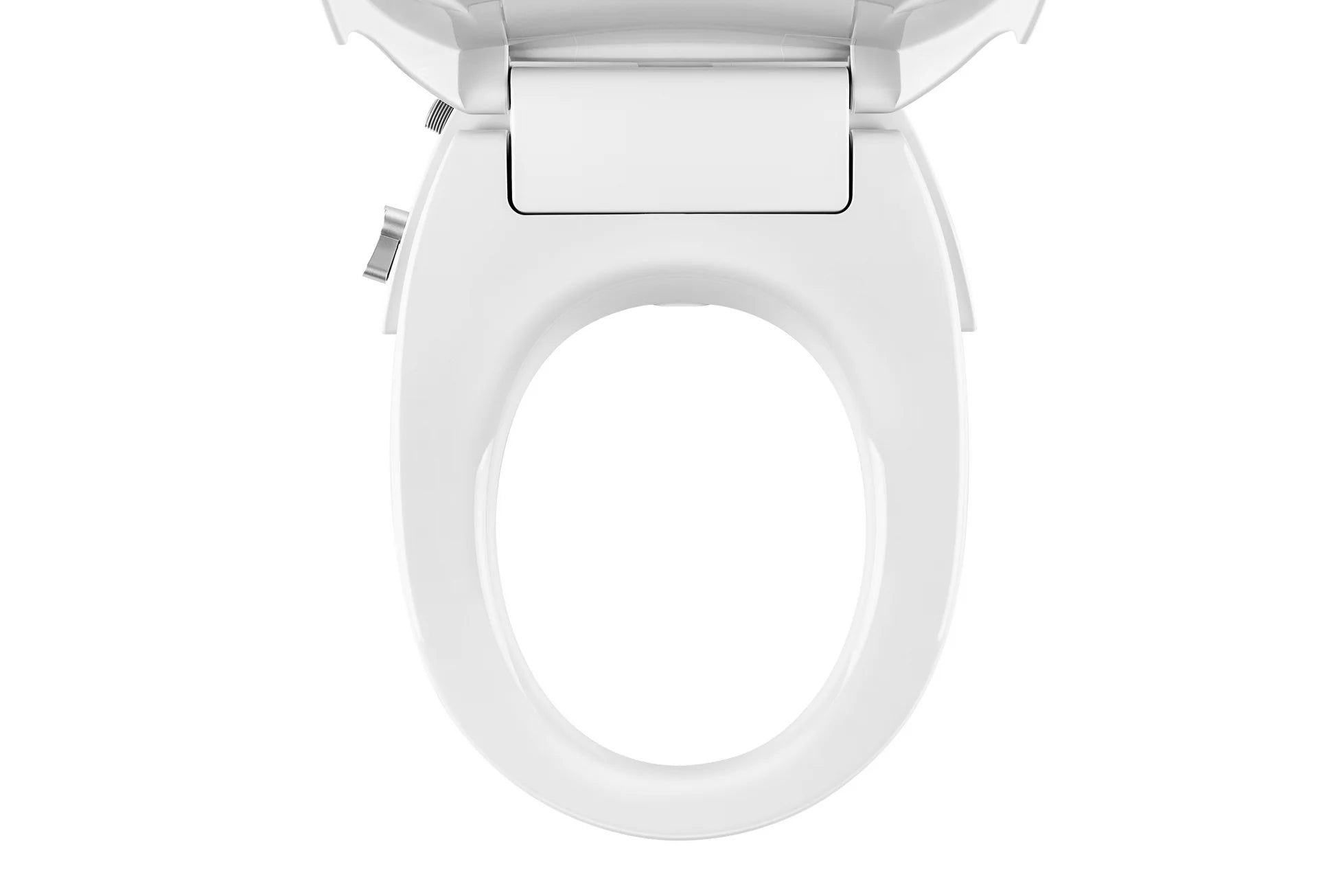 White non-electric bidet seat with open lid, showing round toilet opening and rear mount.