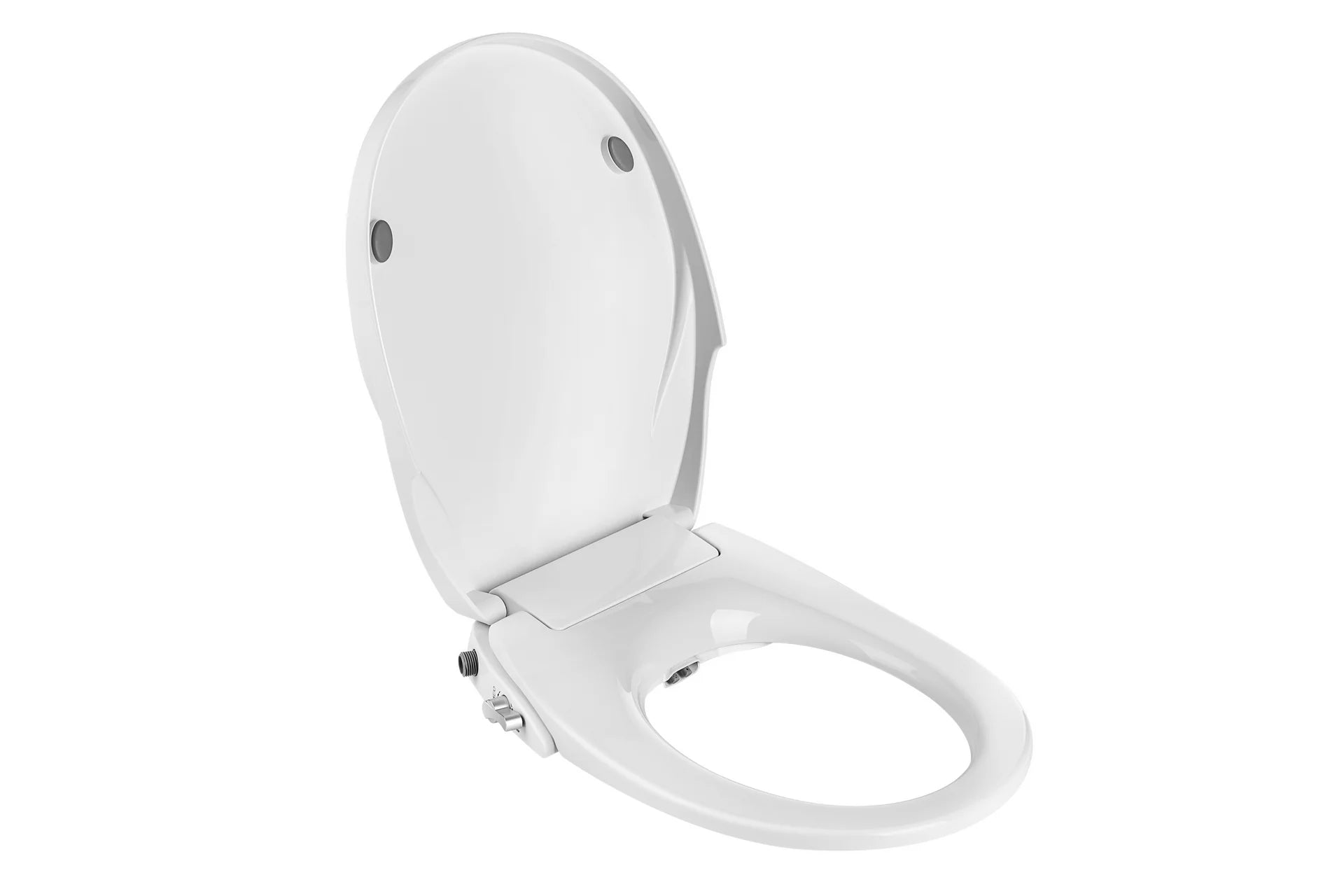 White non-electric bidet seat with open lid and bowl opening, side angle view.