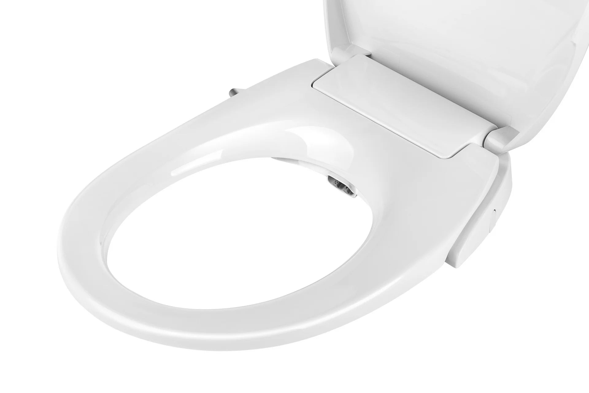 White non-electric bidet seat with open lid and integrated top control panel.