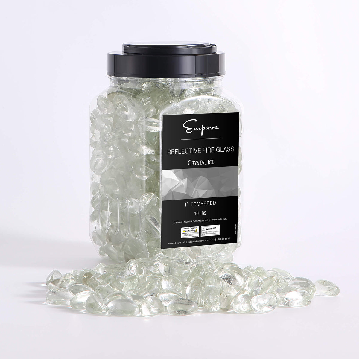 Tempered fire glass cashews in Crystal Ice, clear reflective glass pieces in jar