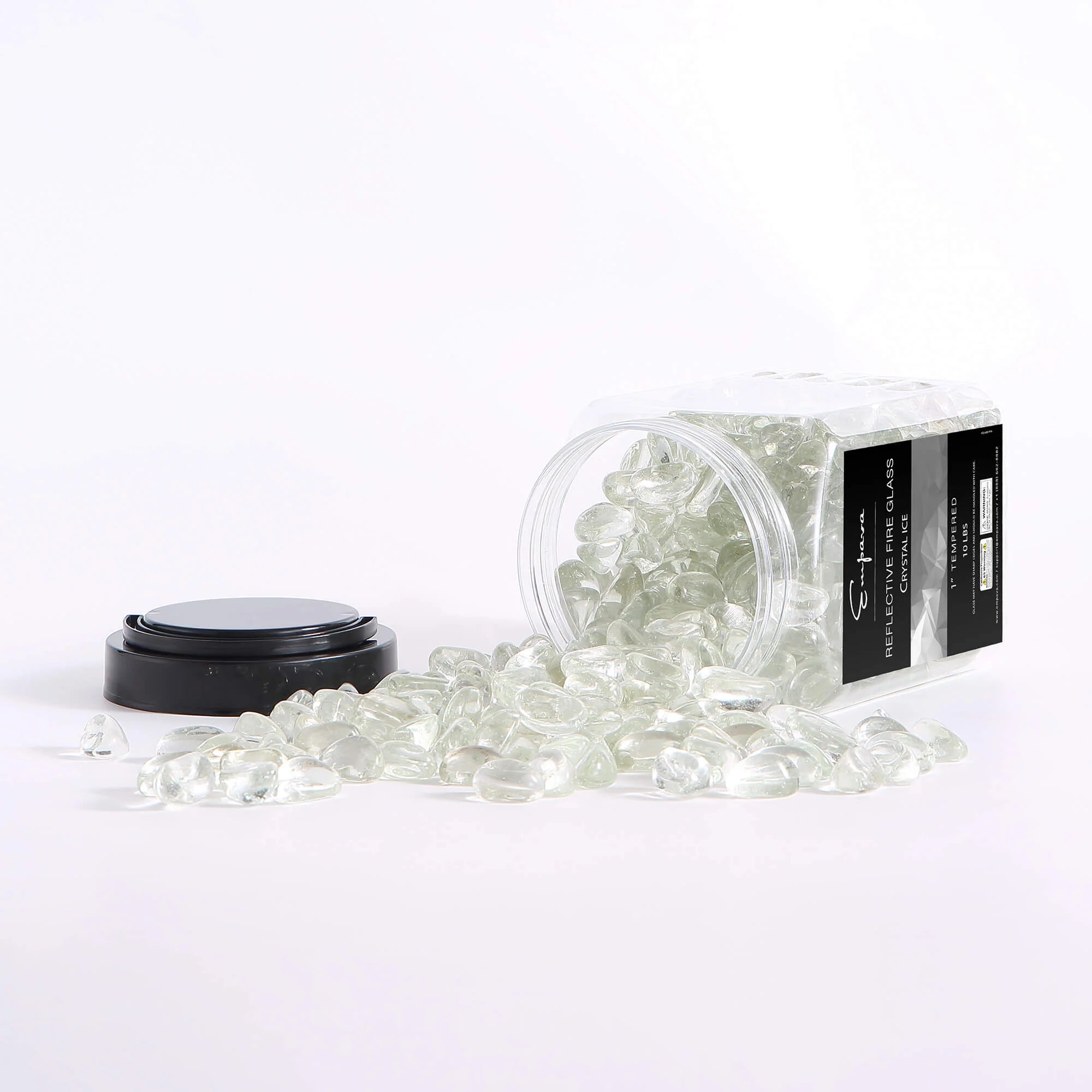 Tempered fire glass cashews with jar and loose clear Crystal Ice pieces, reflective
