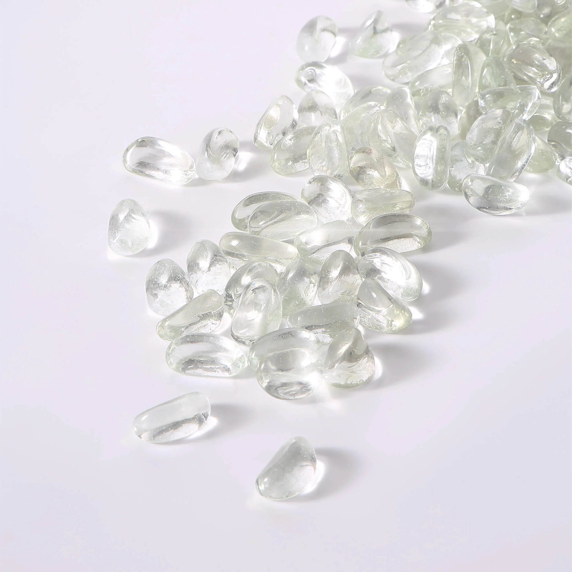 Loose Crystal Ice tempered fire glass cashew shapes, clear reflective glass