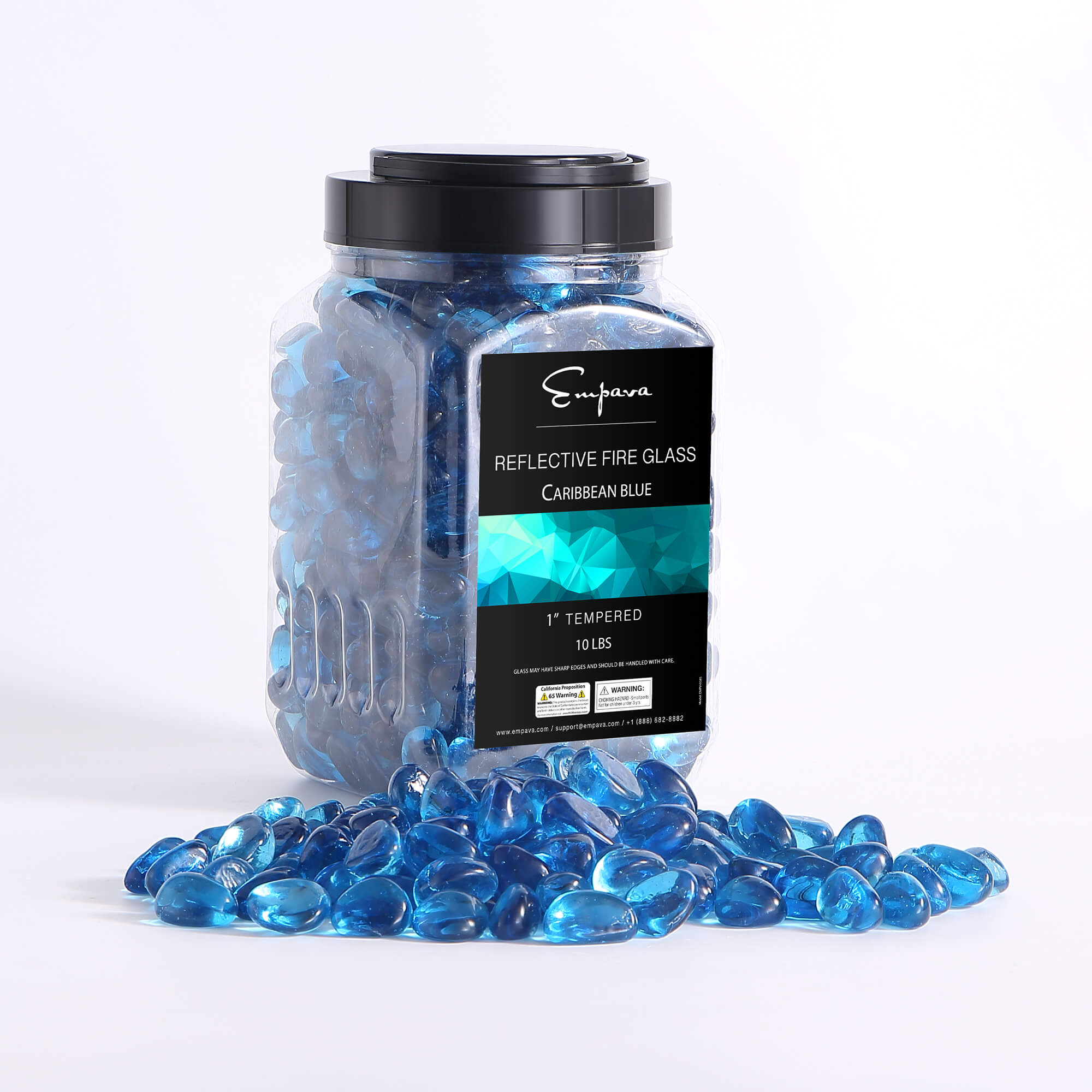 Caribbean blue tempered fire glass cashews, clear jar with glossy reflective blue pieces