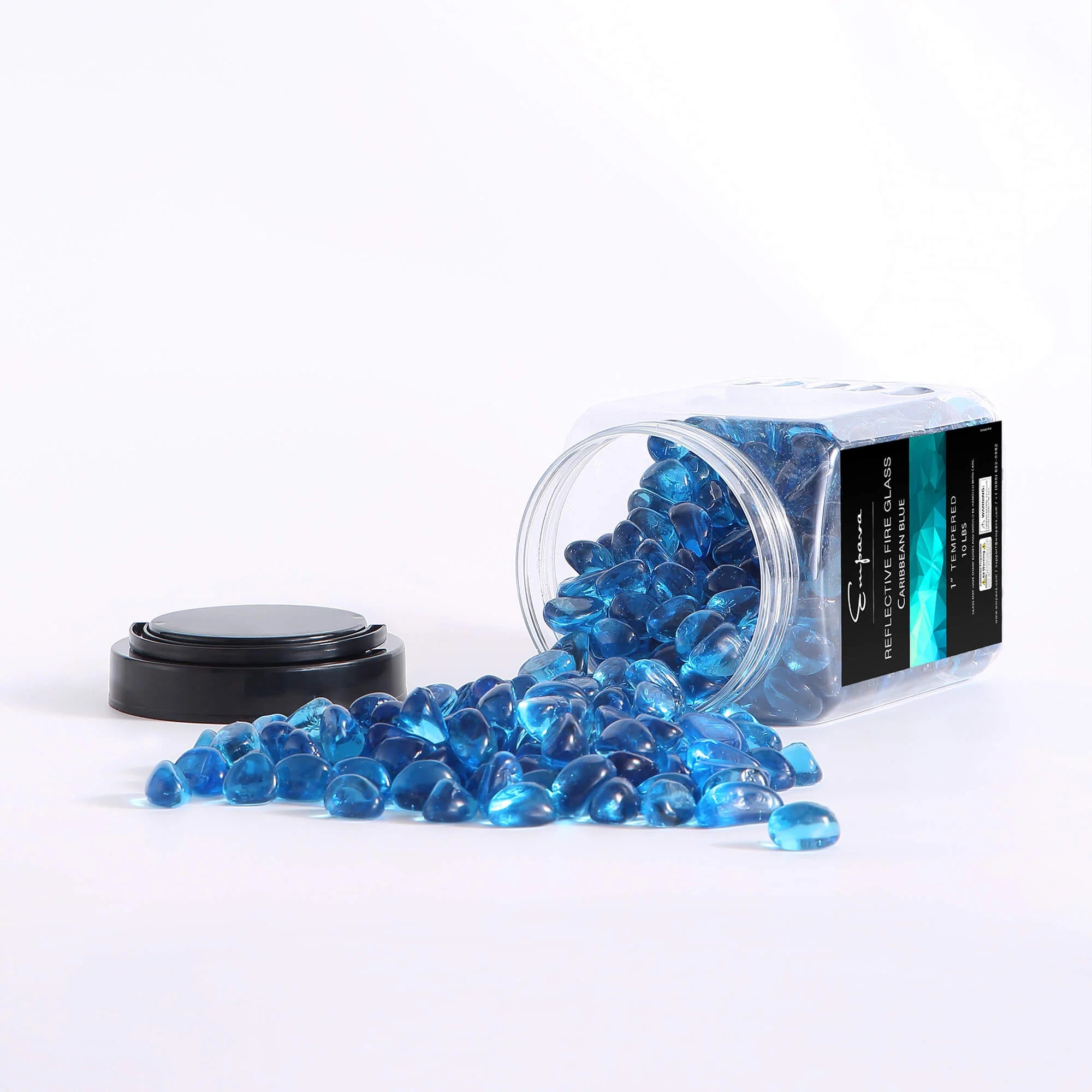 Caribbean blue reflective fire glass cashews, jar tipped with blue glass stones