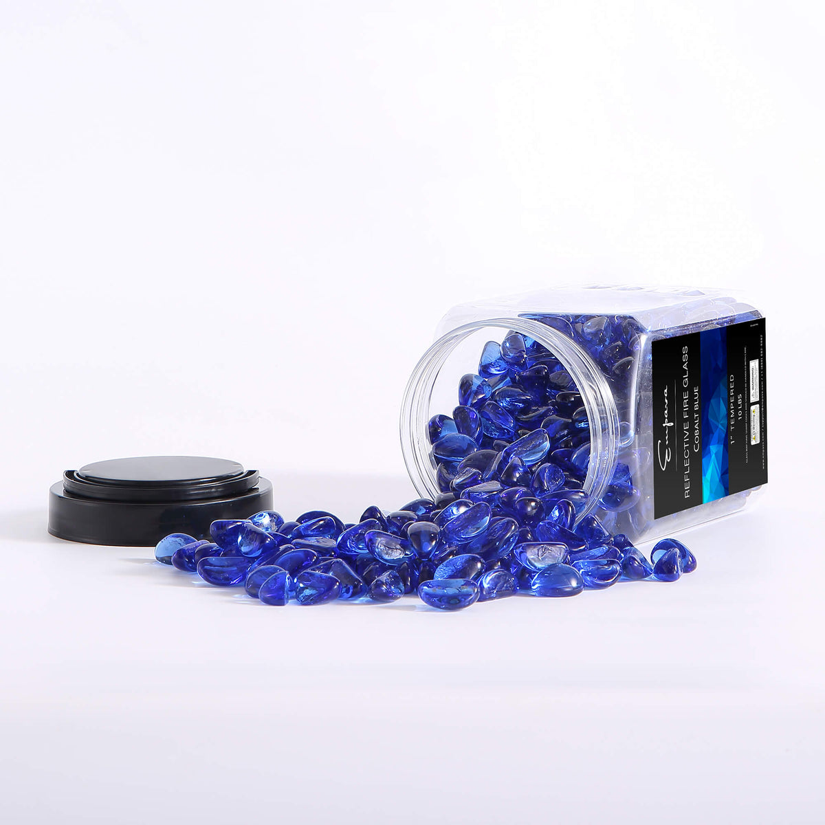 Empava tempered fire glass cashews in cobalt blue, jar spilled on surface