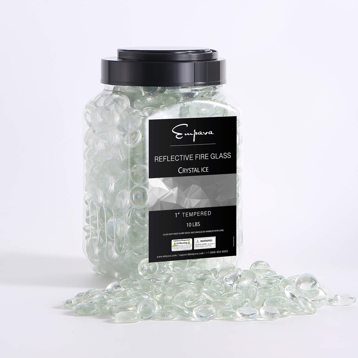 Crystal ice tempered fire glass beads in clear jar with black lid