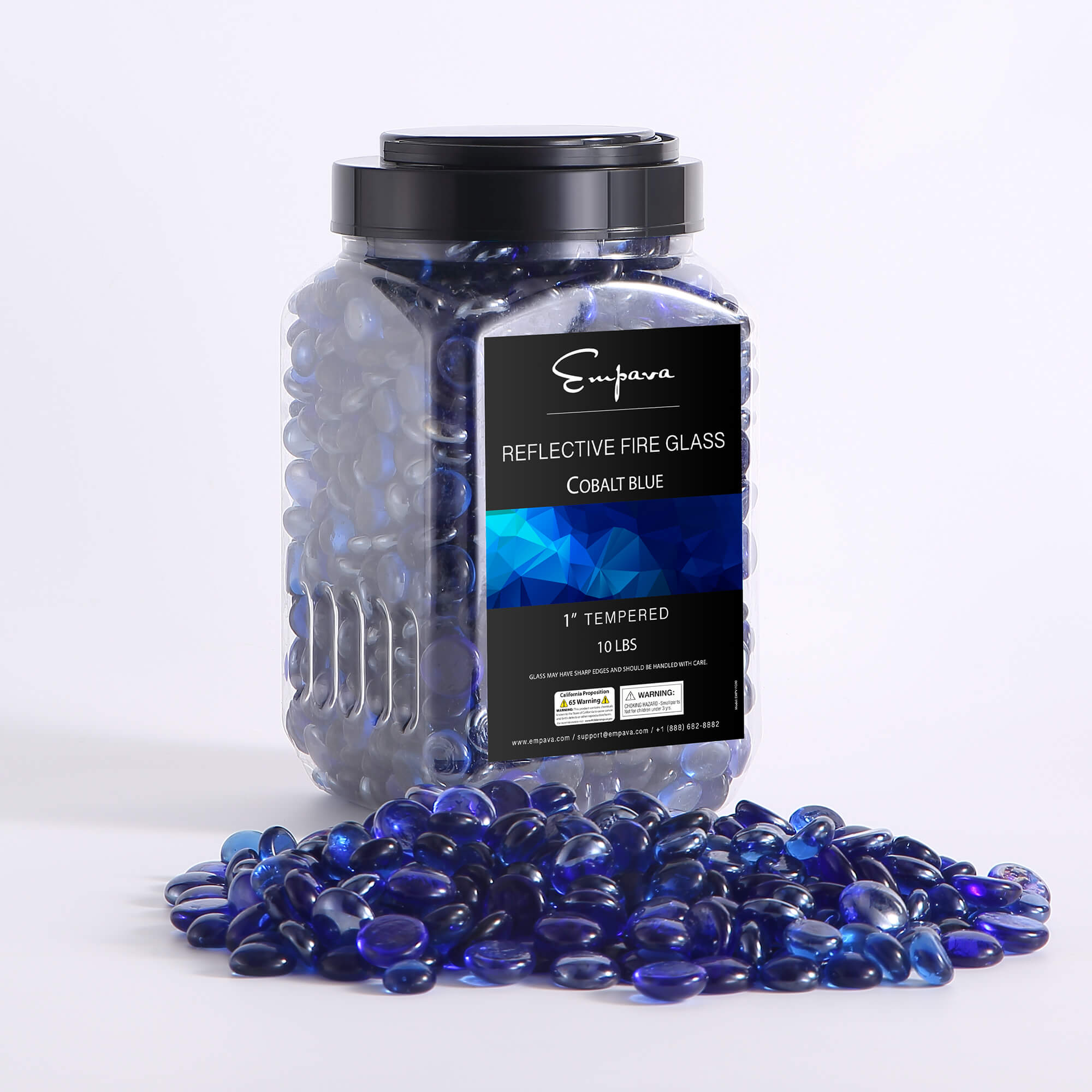 Tempered fire glass beads in cobalt blue, shown in a sealed jar with beads spill
