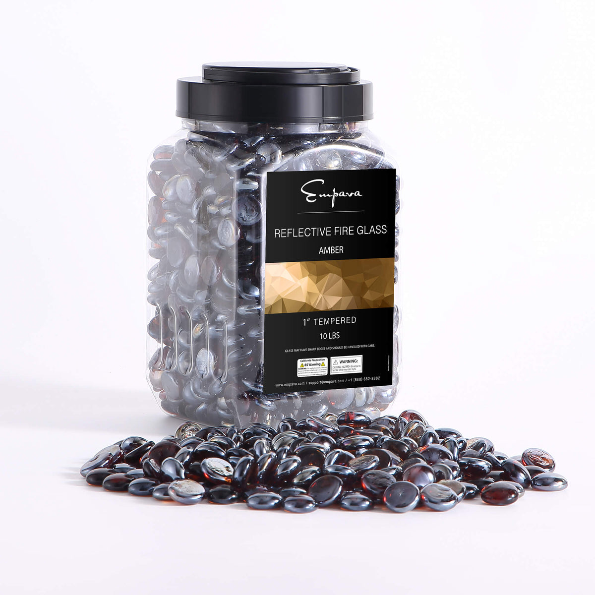 Amber reflective fire glass beads; clear jar of dark metallic oval beads