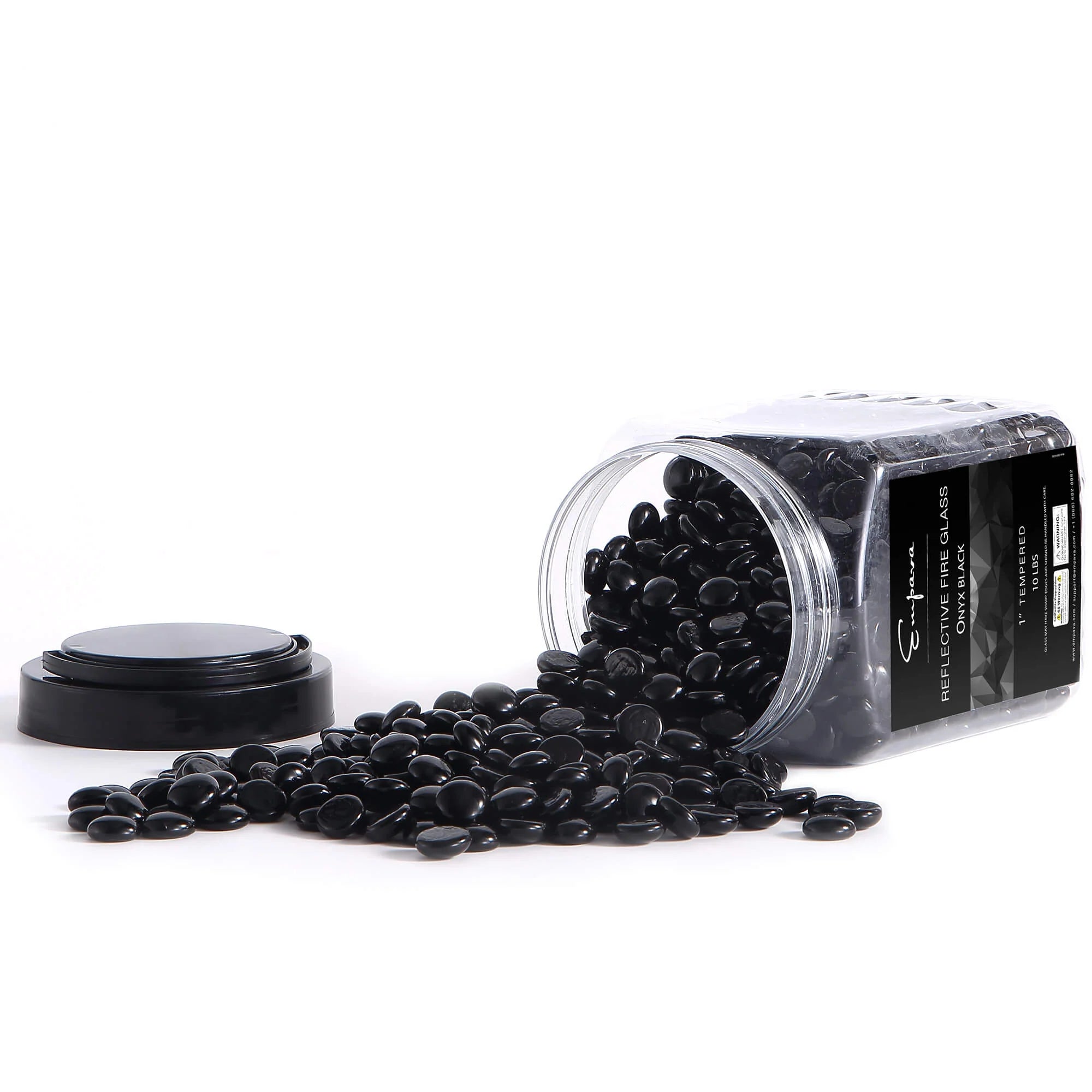Empava tempered fire glass beads in clear jar, onyx black beads spilled