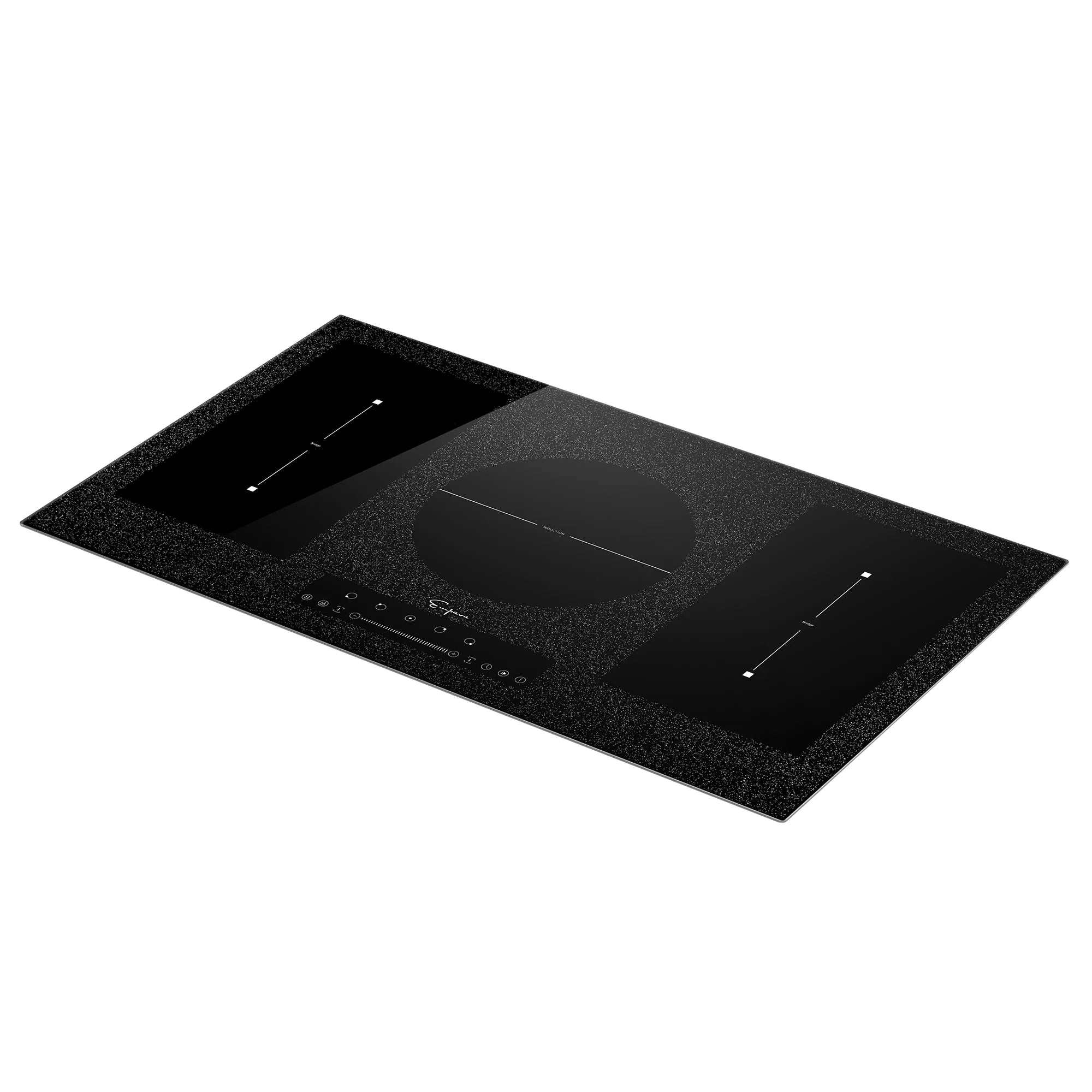Empava black induction cooktop angled, recessed cook zones and touch control buttons