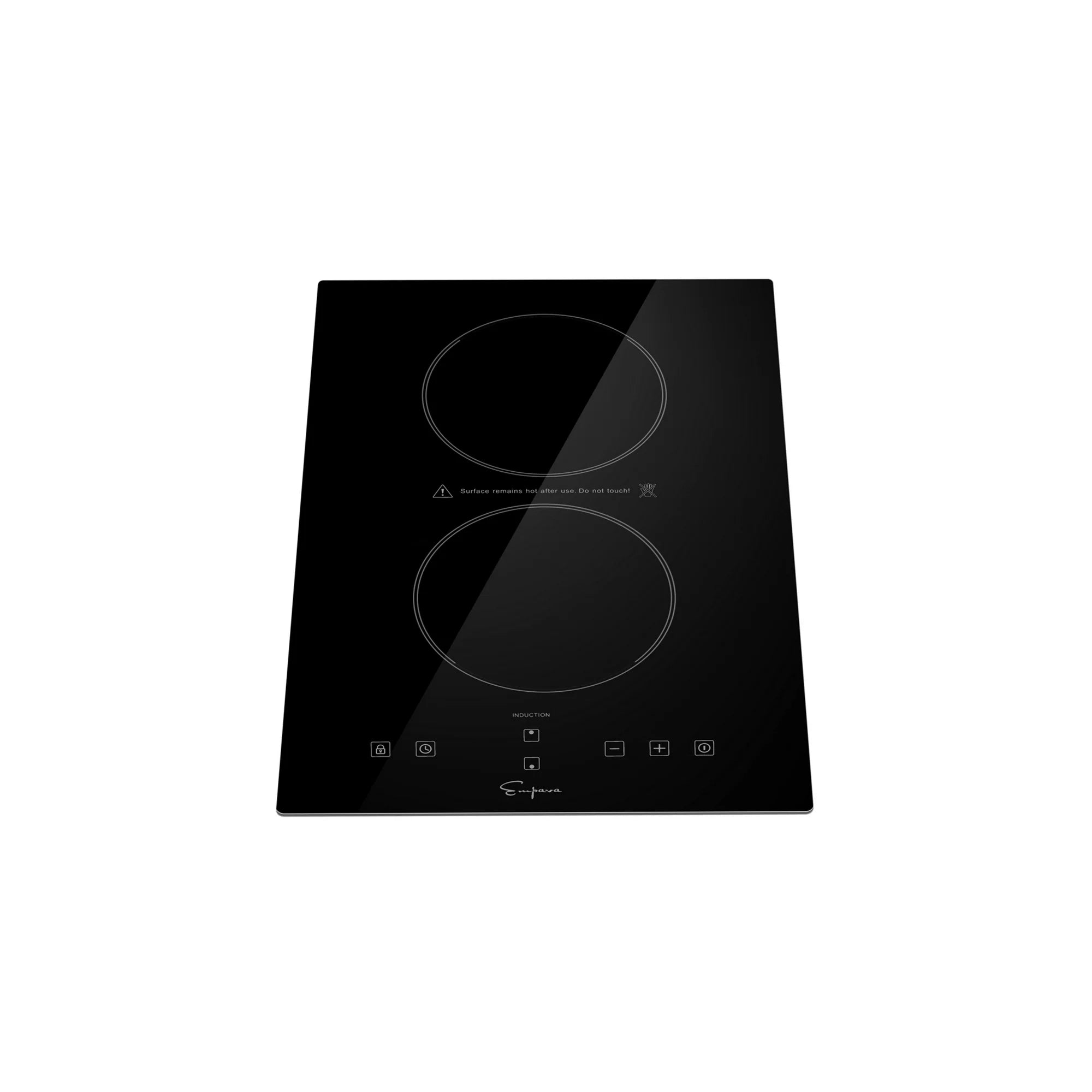 Black portable induction cooktop front view, two cooking zones with touch icons