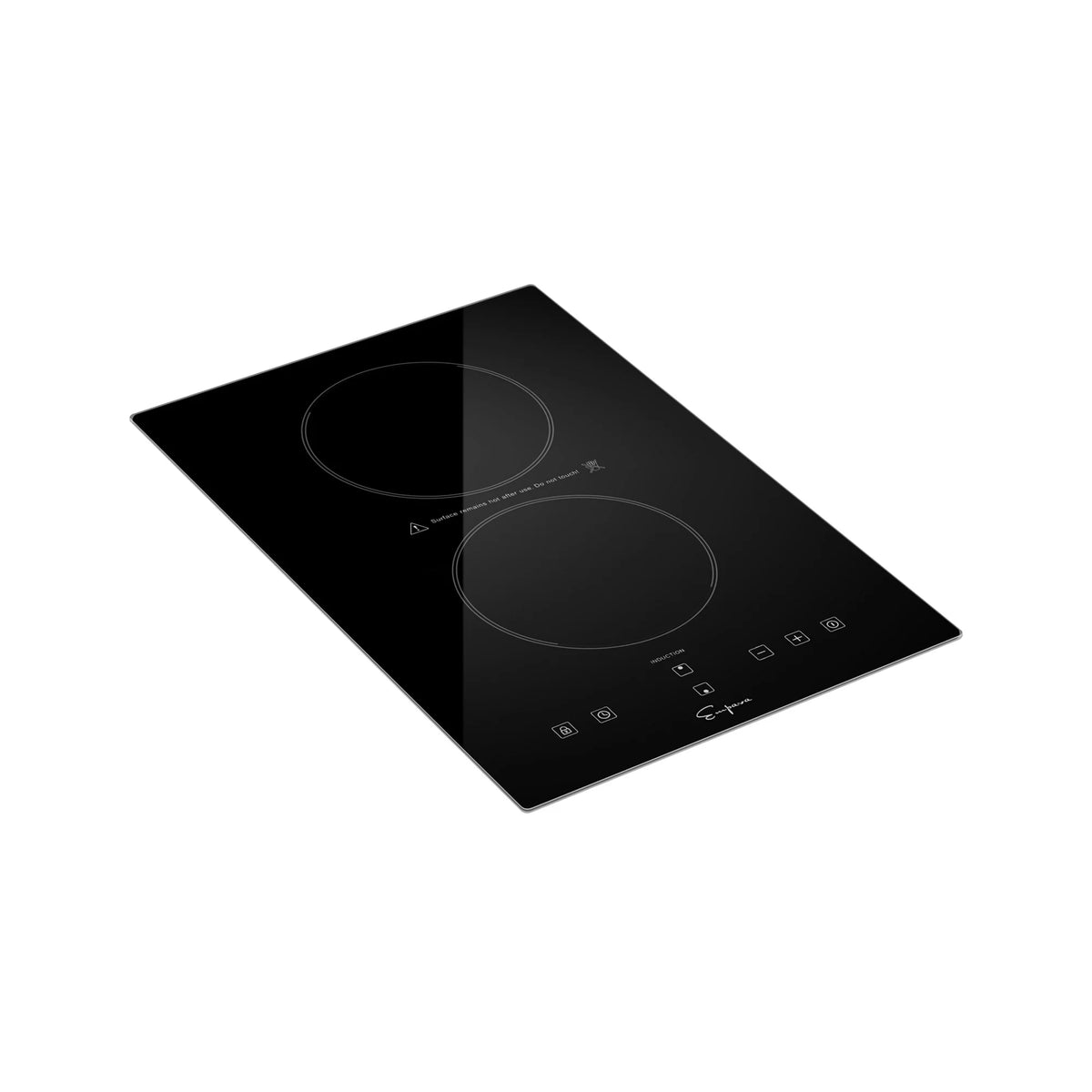 Black portable induction cooktop, angled view, two circular burner zones