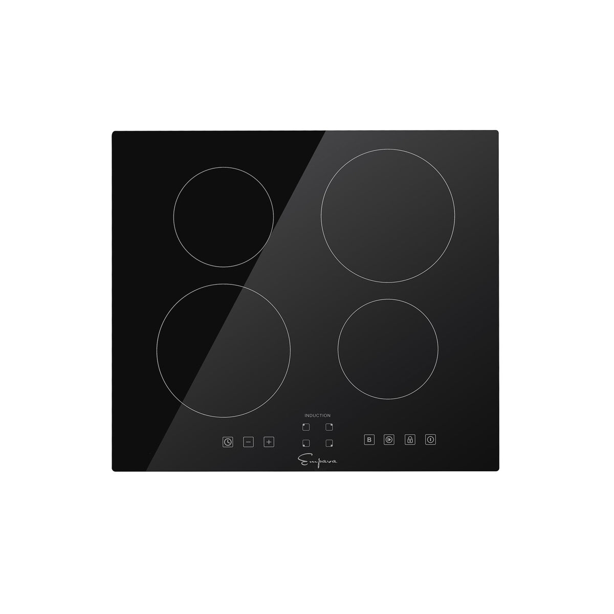 Black induction cooktop with four round heating zones and touch control panel
