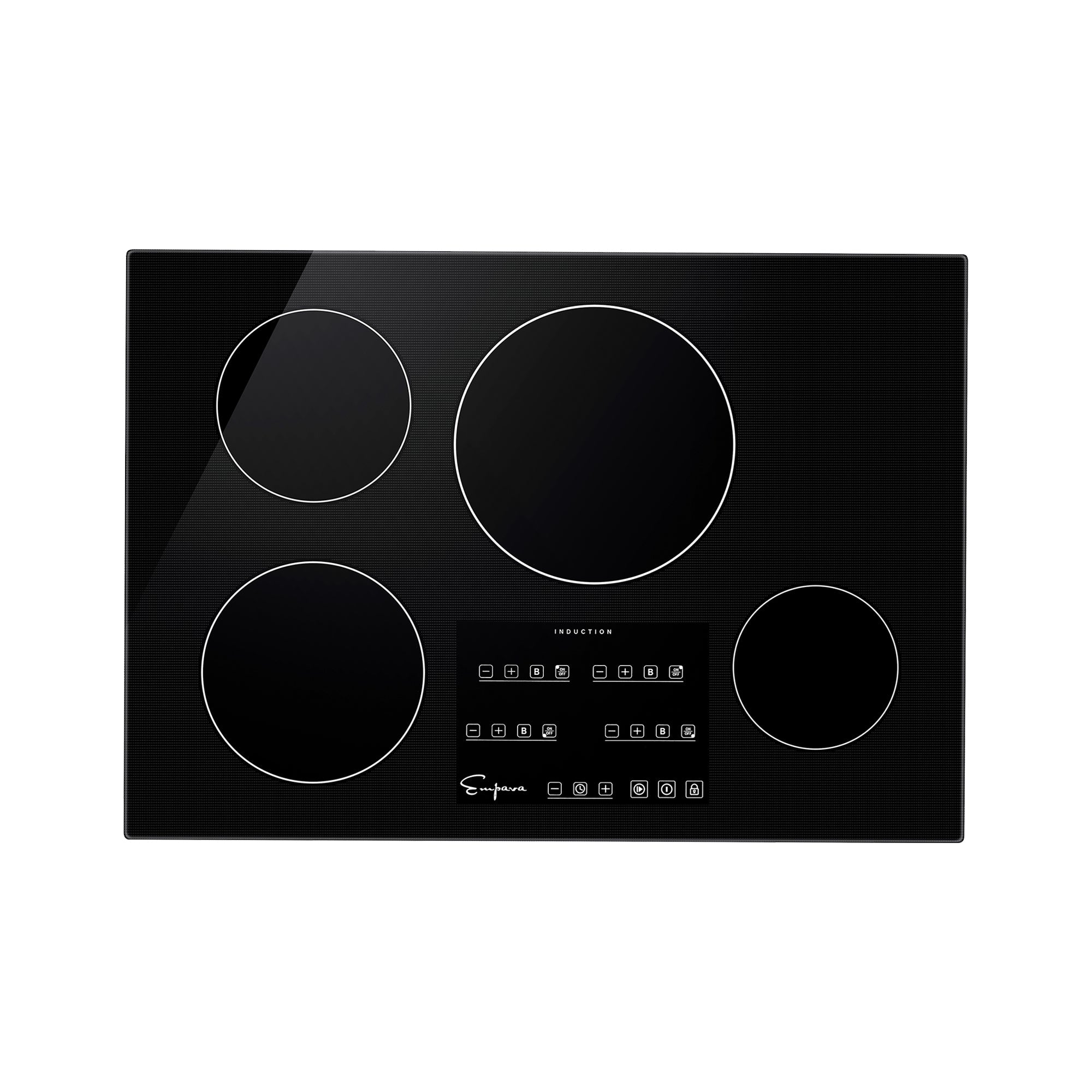 Black glass induction cooktop with four radiant zones and touch control panel