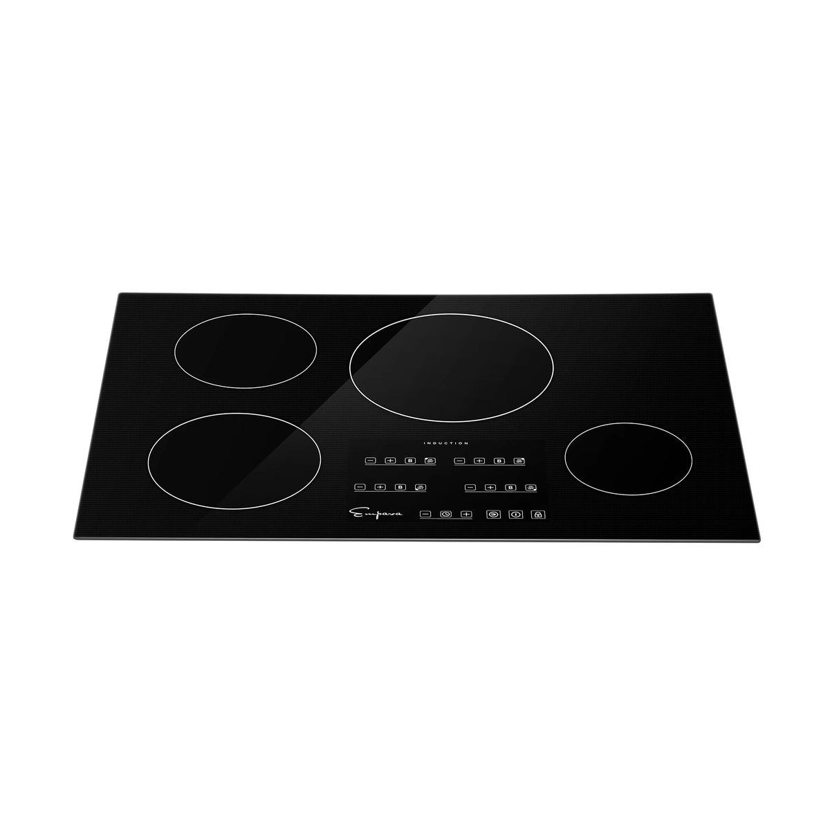 Black glass induction cooktop, four circular zones with centered touch controls