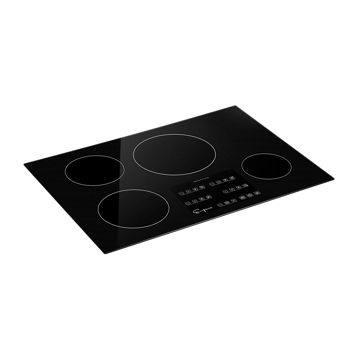 Black glass induction cooktop shown at an angle with four zones and control panel