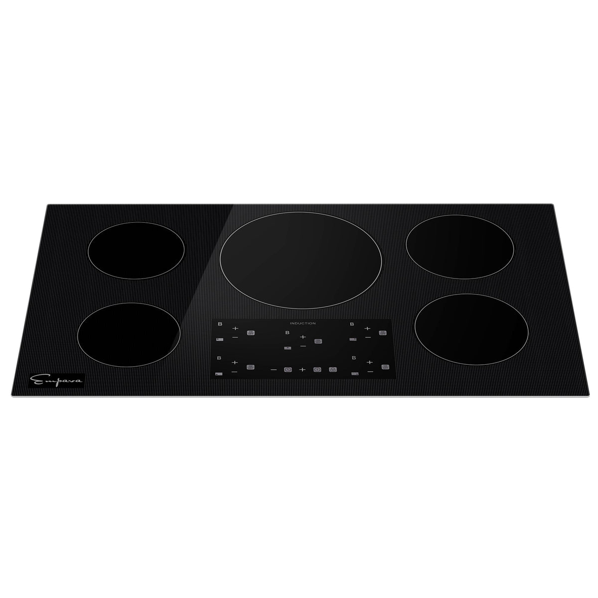 36-inch black induction cooktop with 5 cook zones and centered touch controls