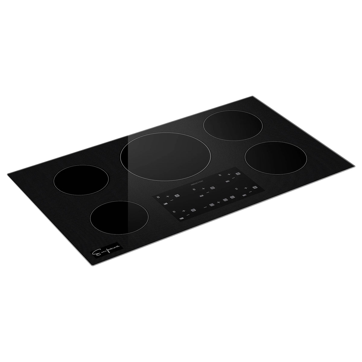 Black 36-inch induction cooktop with 5 round cook zones and touch control panel