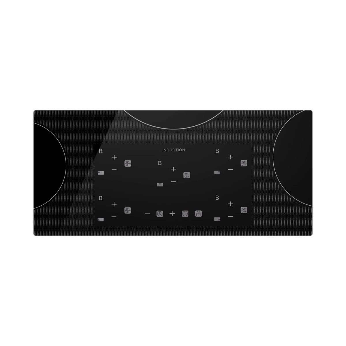 36-inch black induction cooktop with five zones and an illuminated touch control panel