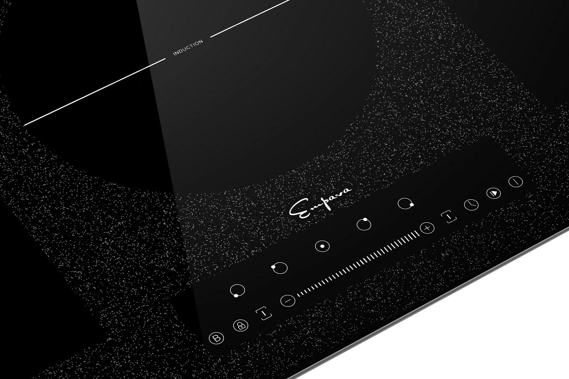 Empava induction cooktop close-up of touch controls near cooking zone, black glass top