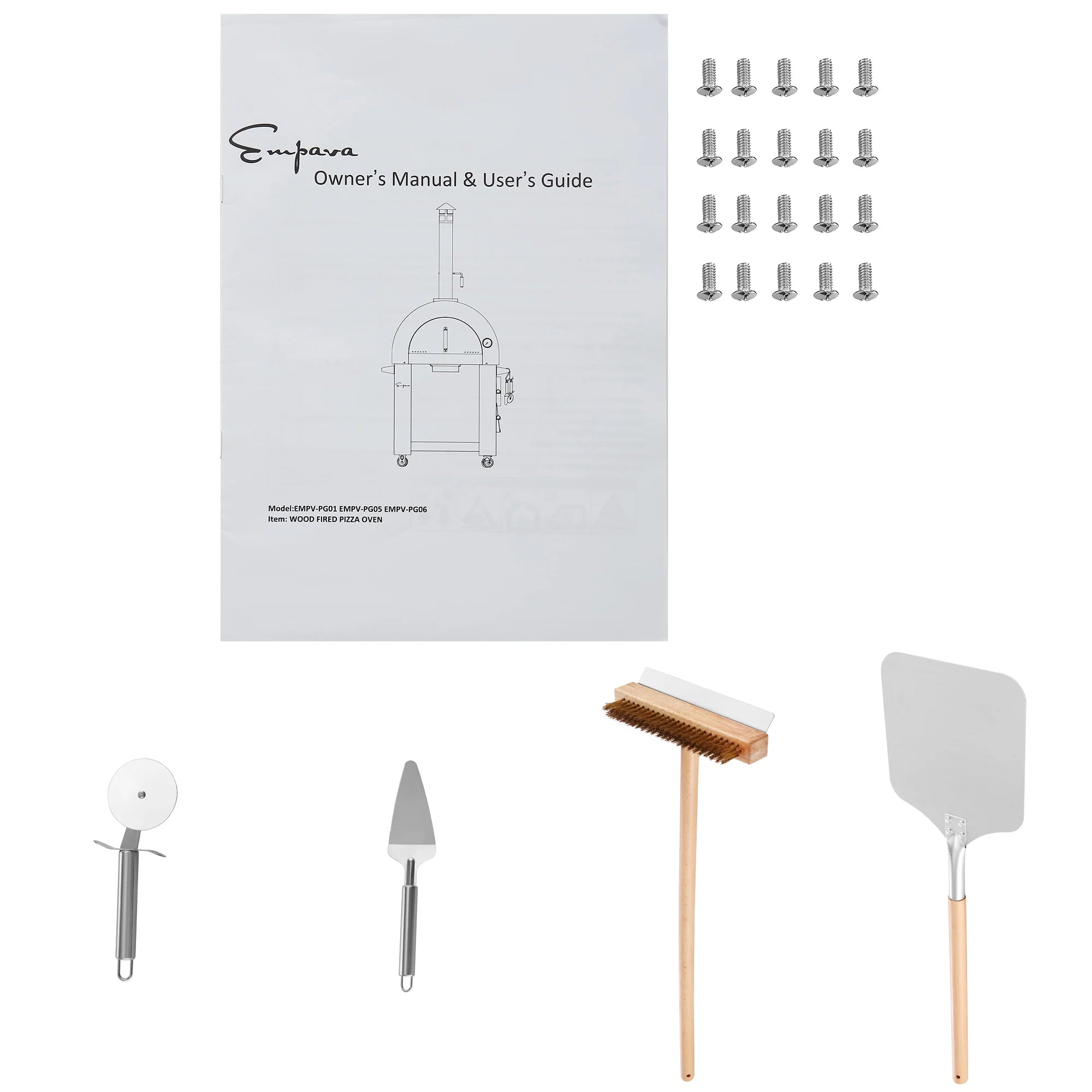Pizza oven accessory set with owner's manual: brush and spatula tools