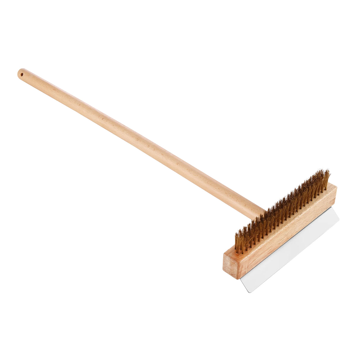 Wood-handled bristle brush for cleaning pizza oven surface