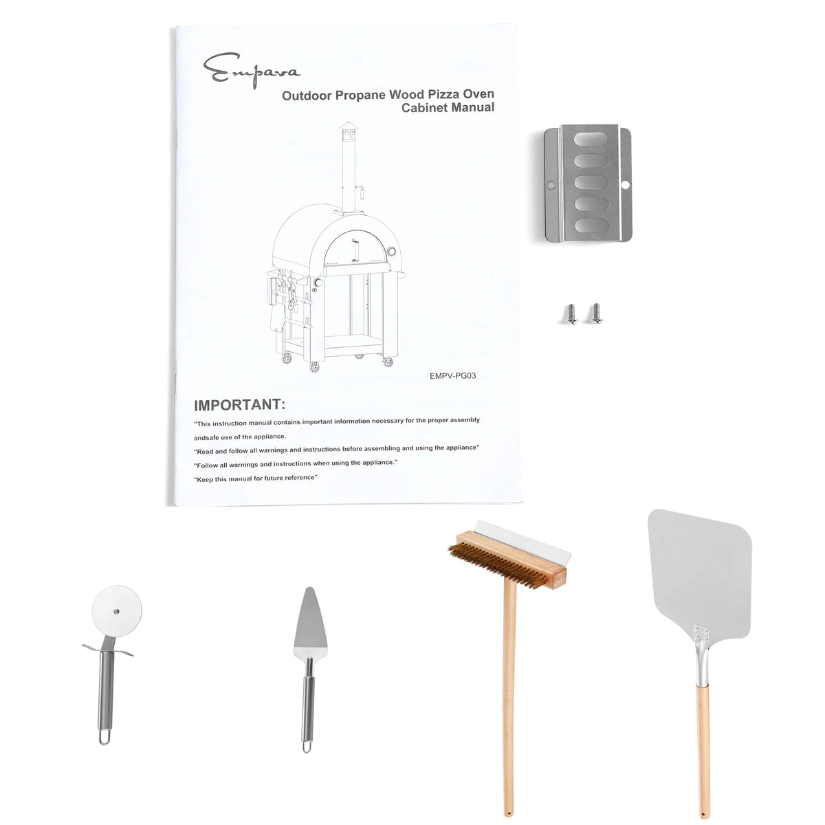 Outdoor pizza oven manual and three wooden-handled grilling tools