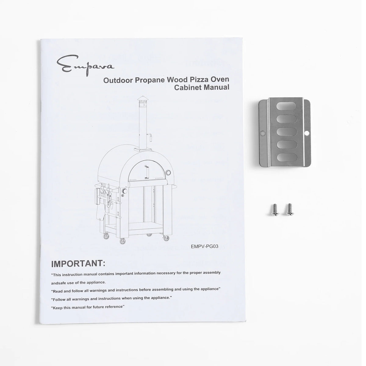 Outdoor pizza oven cabinet manual with mounting hardware and bracket pieces