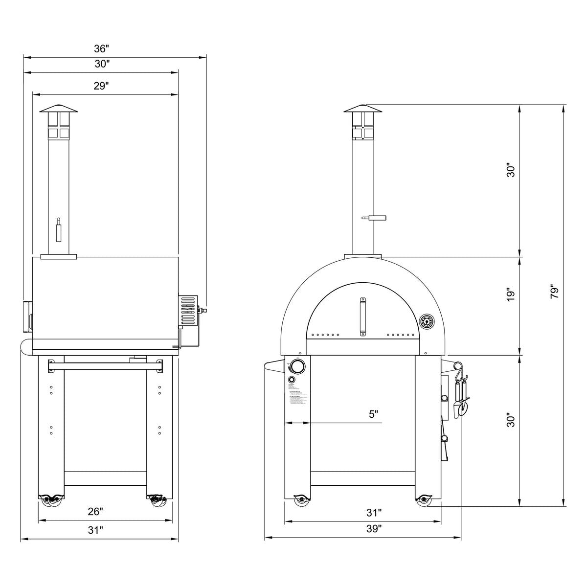 Outdoor pizza oven size diagram with front and side measurements